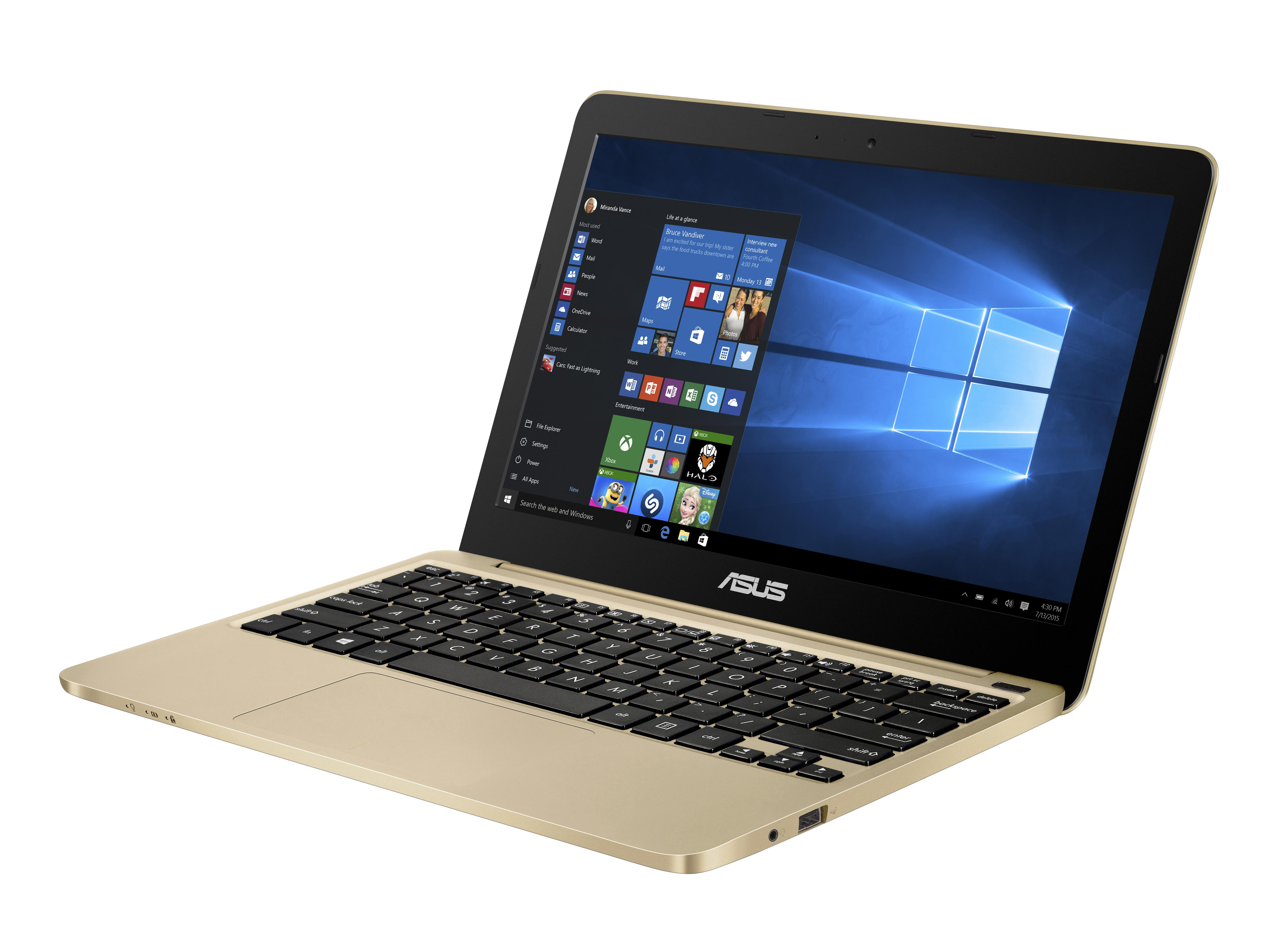 Ein goldener Asus-Laptop mit geöffnetem Bildschirm zeigt das Windows 10-Startmenü vor weißem Hintergrund.