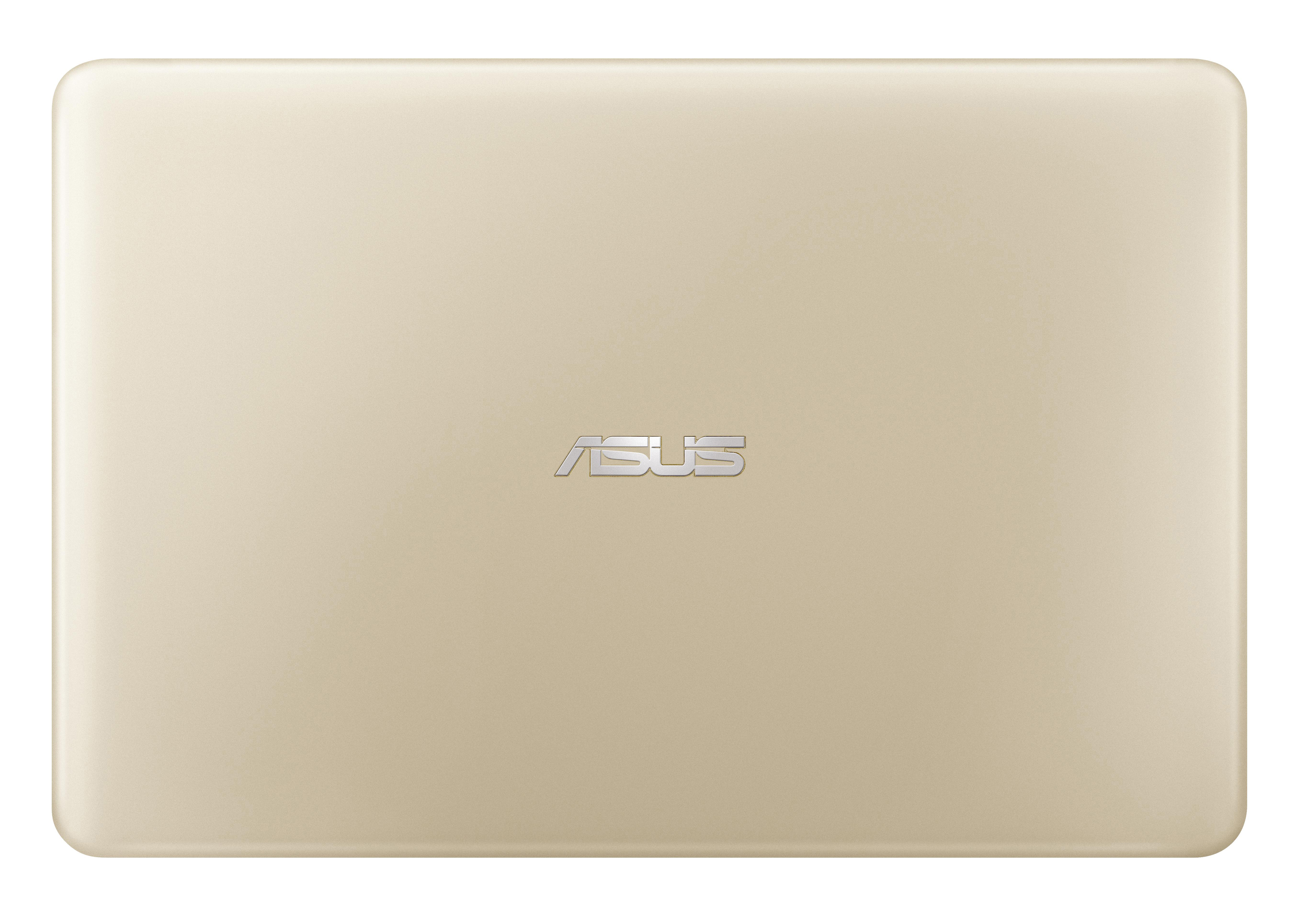 Ein geschlossener goldener Asus-Laptop von oben mit silbernem Logo auf weißem Hintergrund.