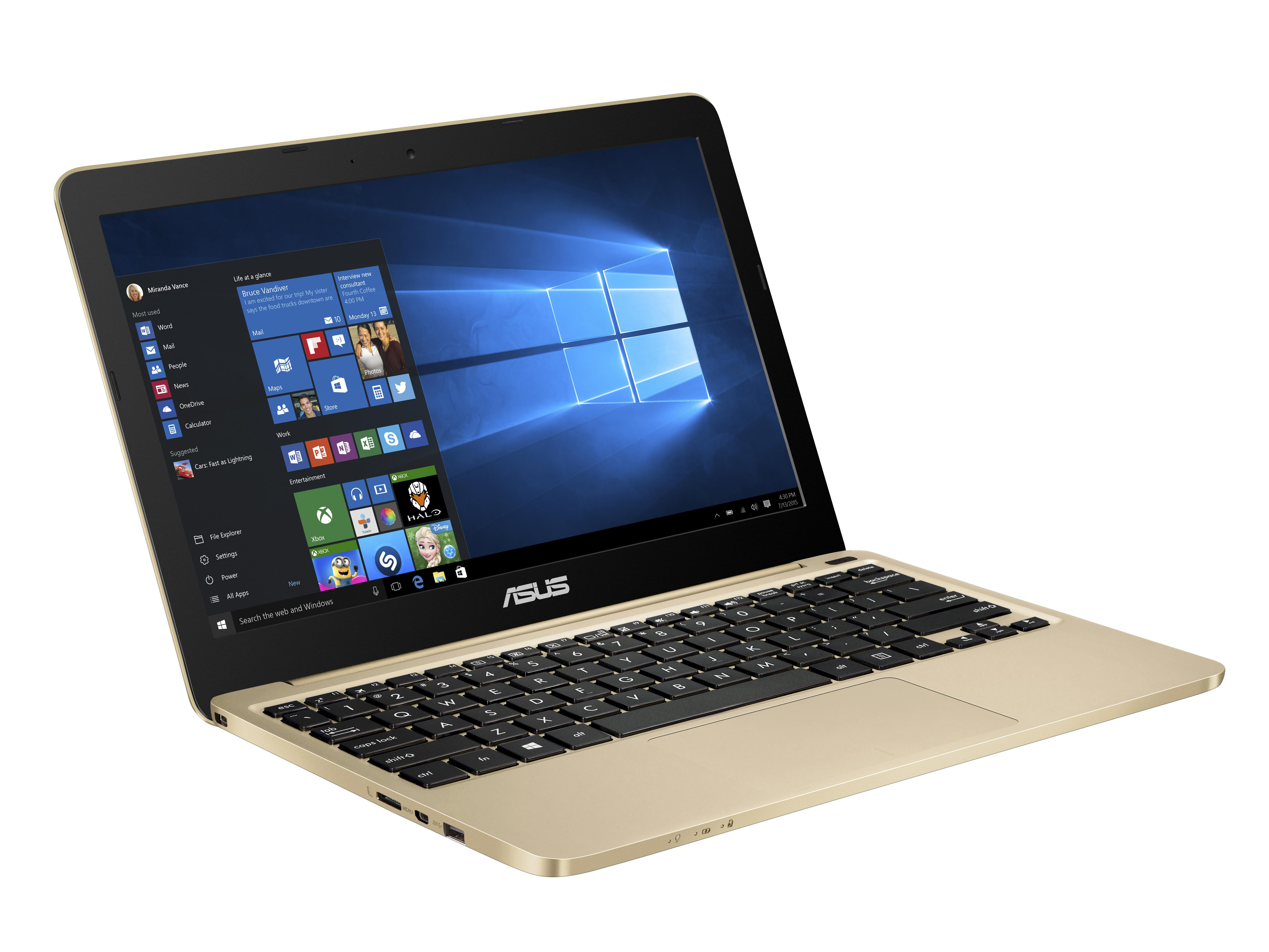 Ein goldener Asus-Laptop mit geöffnetem Bildschirm zeigt das Windows 10-Startmenü vor einem weißen Hintergrund.
