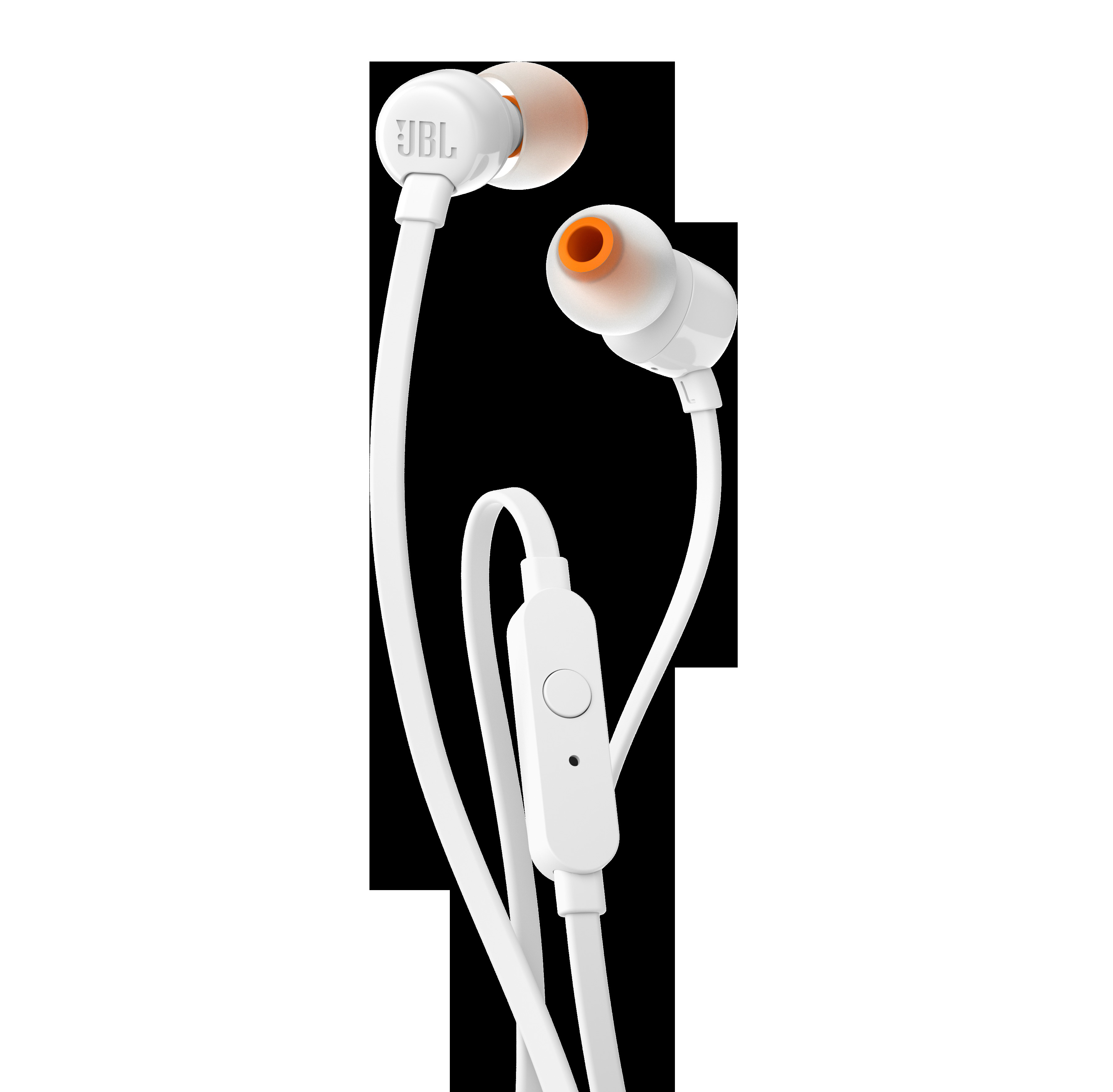 Weiße JBL In-Ear-Kopfhörer mit orangefarbenen Ohrstöpseln und einem weißen Steuermodul am Kabel.
