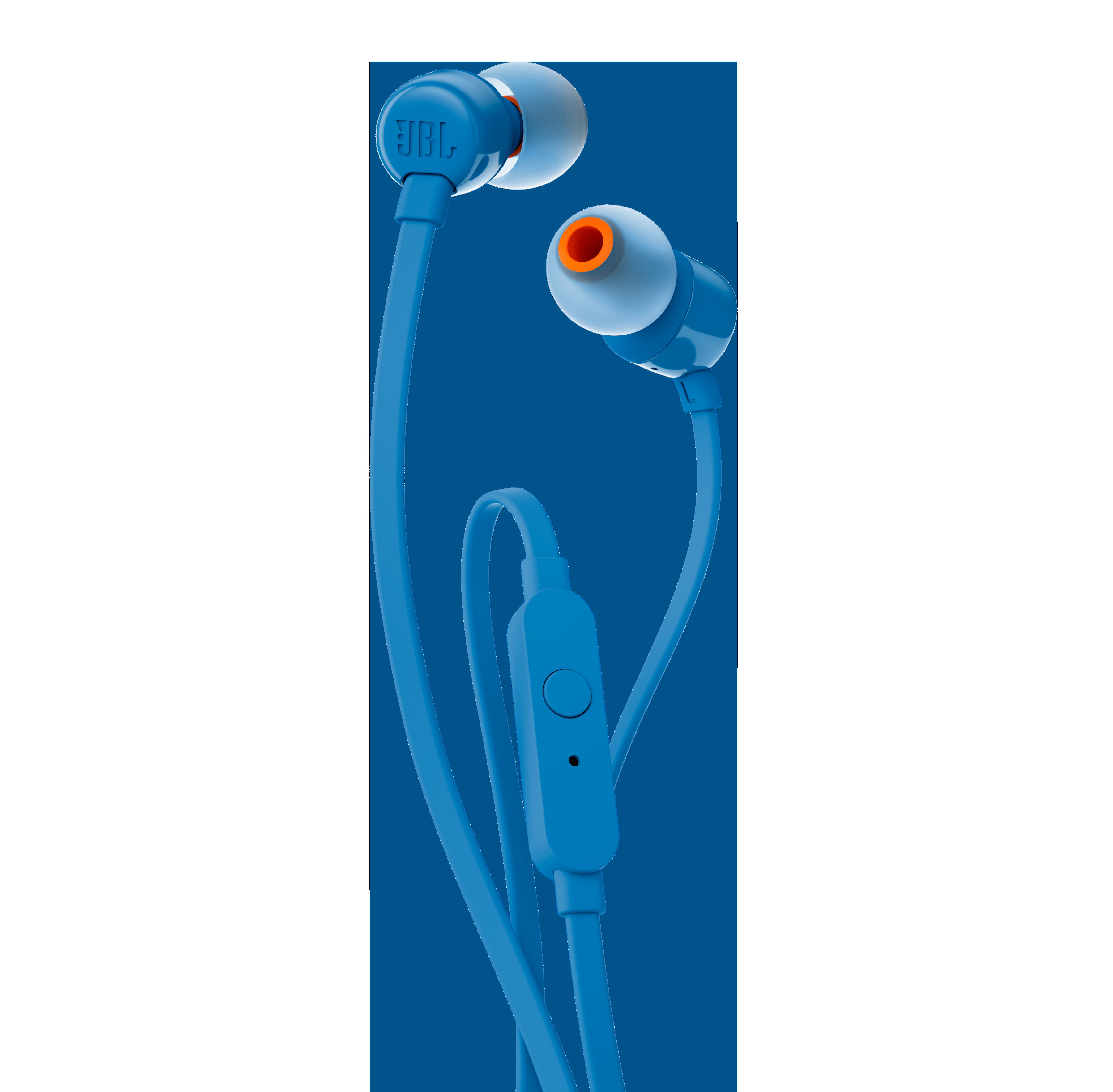 Blaue JBL Kopfhörer. Orange und weiße Ohrstöpsel, blaues Kabel und Bedienelemente. Isoliert auf blauem Hintergrund.