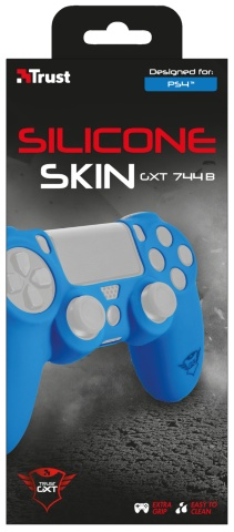 Blue silicone skin for a PS4 controller, packaged in a black and blue box.