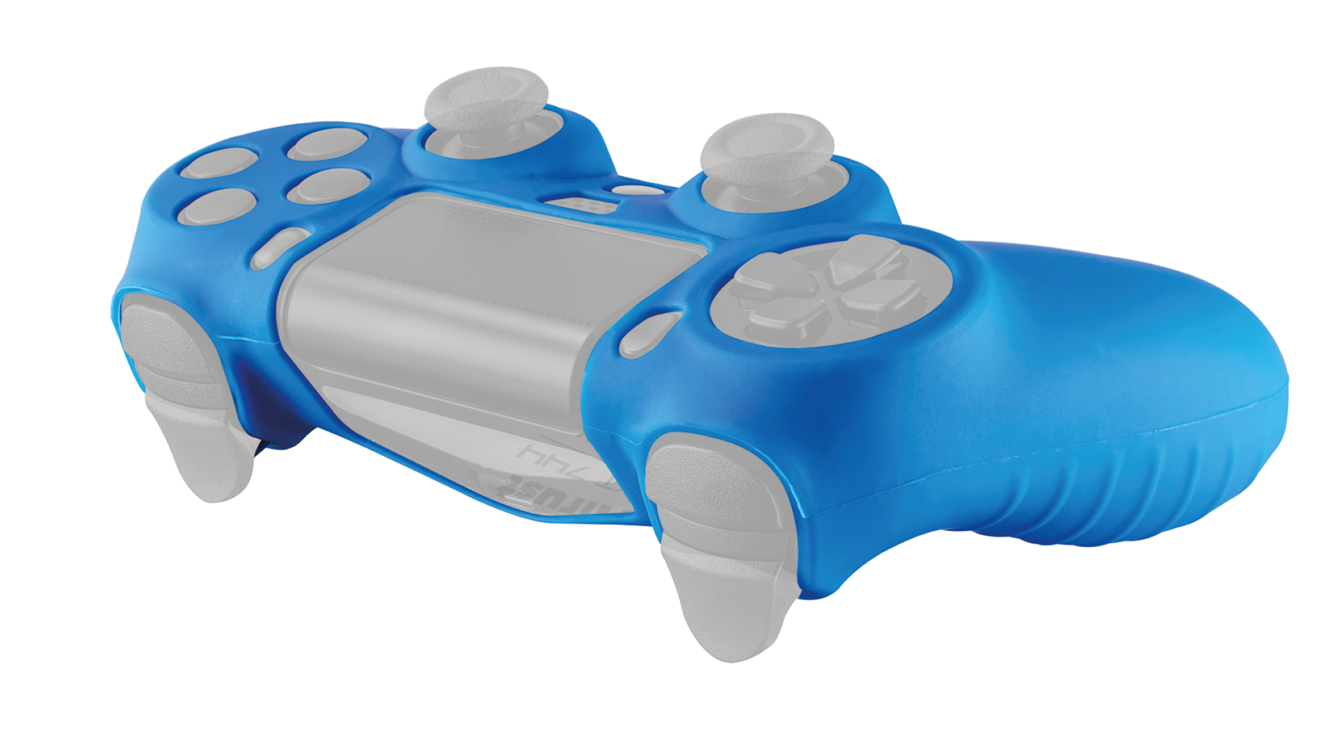 Blue controller shell on a white controller.