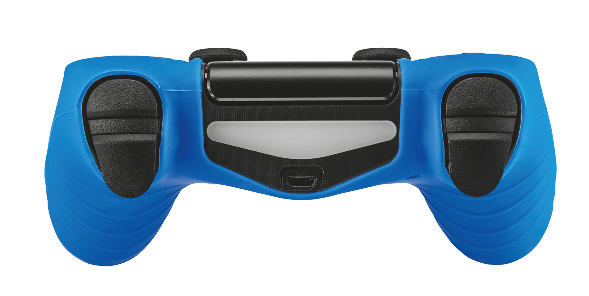 Blue Playstation 4 controller, showing the back with buttons and a charging port. 