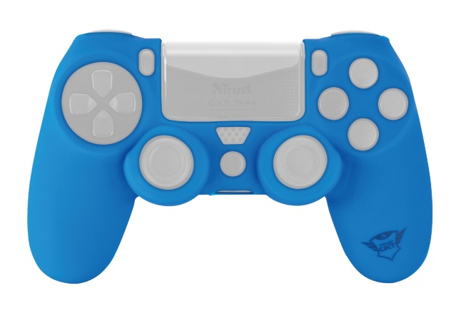 Blue PlayStation 4 controller with white buttons and a logo.