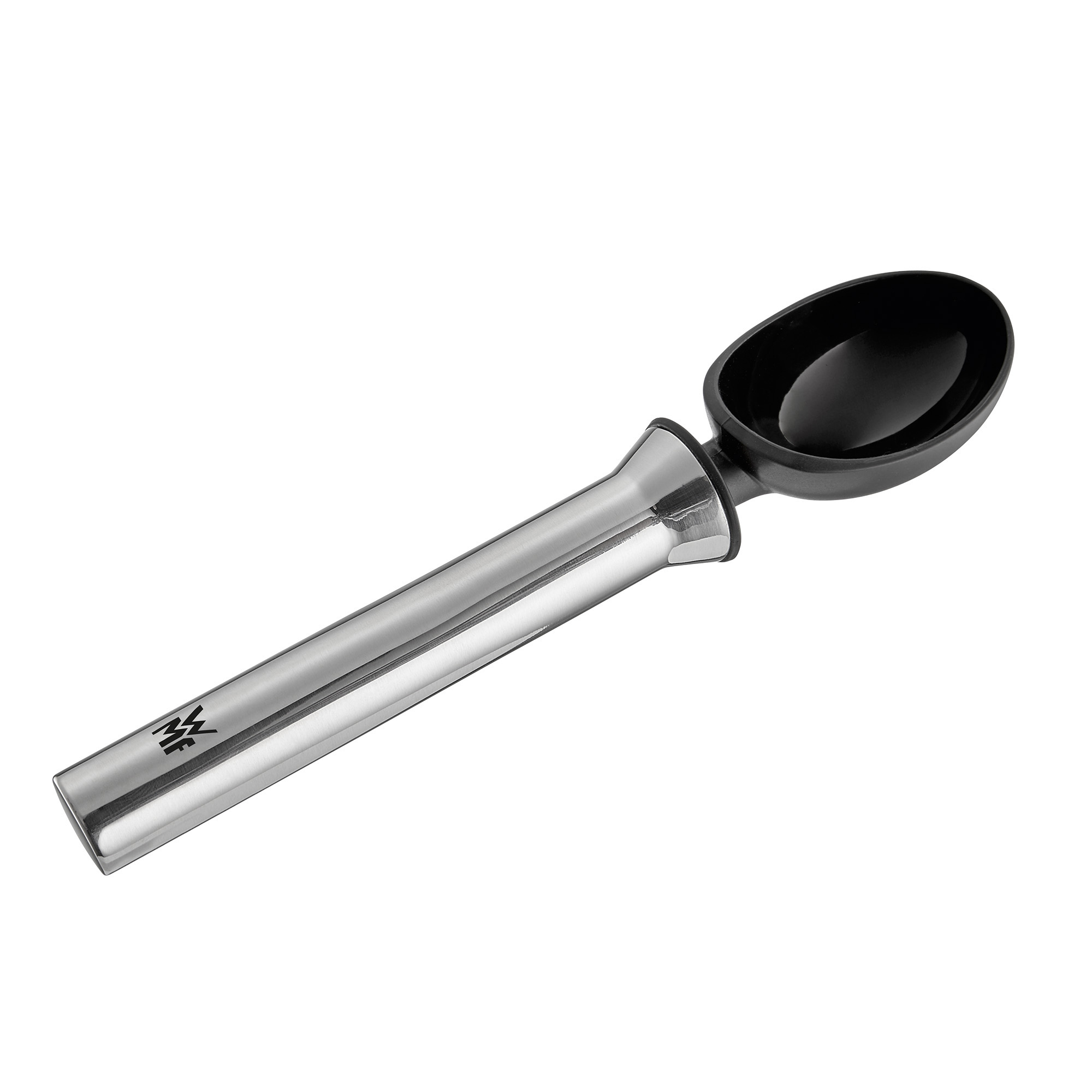 Silberner und schwarzer Eisportionierer. Schwarze Schaufel mit langem Silbergriff, WMF-Logo.