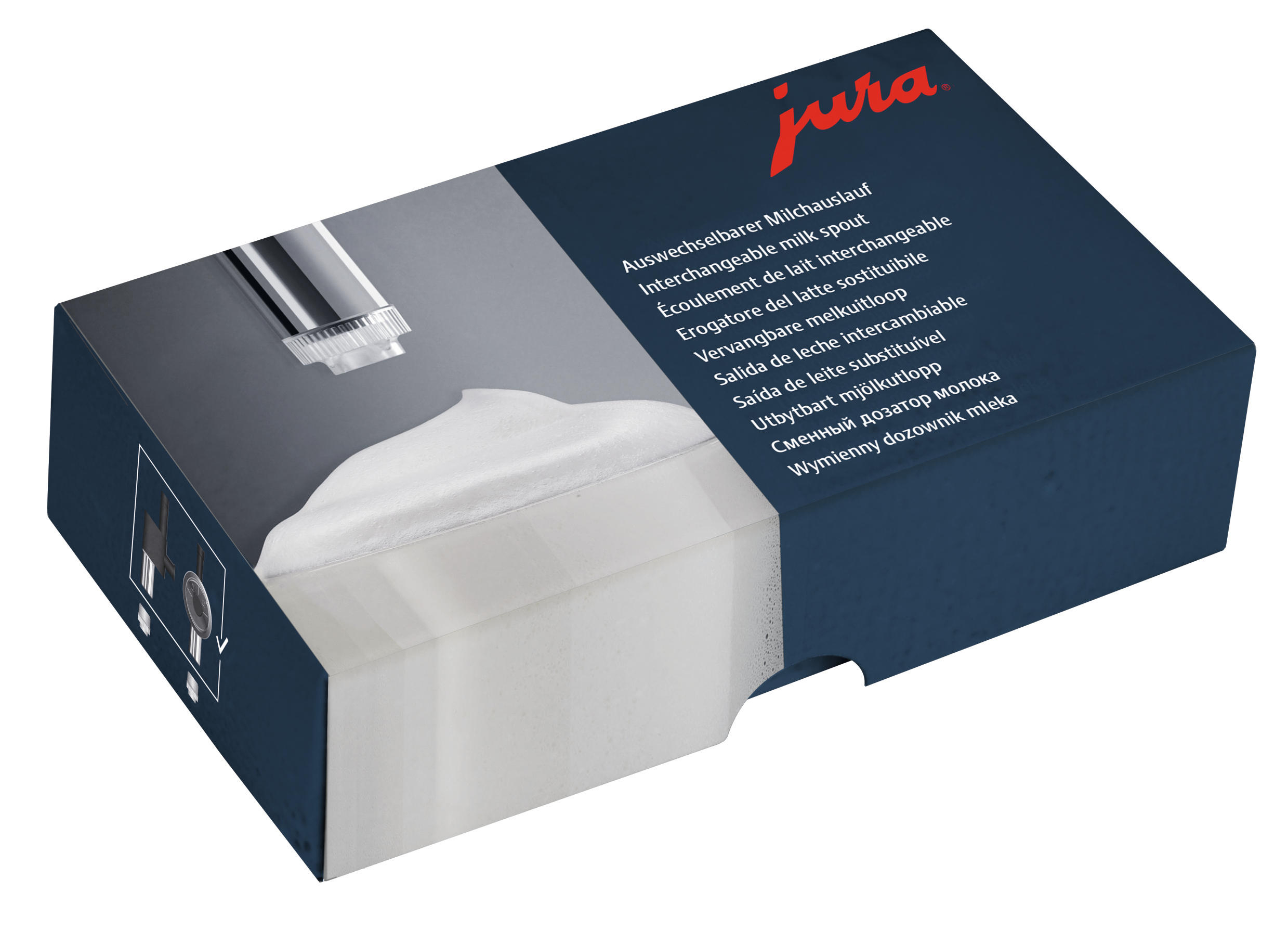 Jura-Milchauslaufbox mit einem Bild von Milchschaum und Text in mehreren Sprachen. Die Box ist blau und weiß.