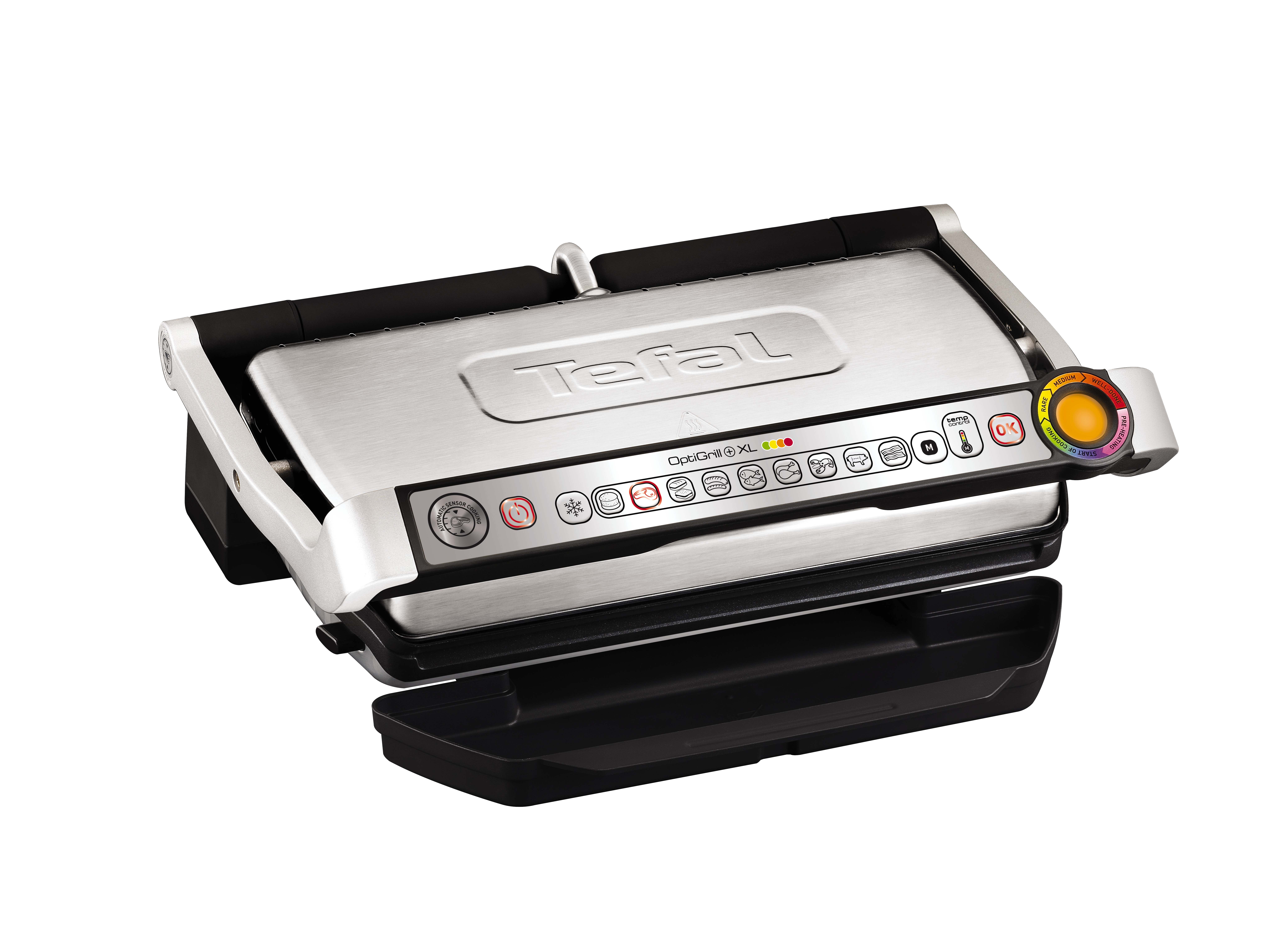 Tefal OptiGrill XL. Zilveren grill met een zwarte basis, open. Bedieningspaneel met diverse knoppen.