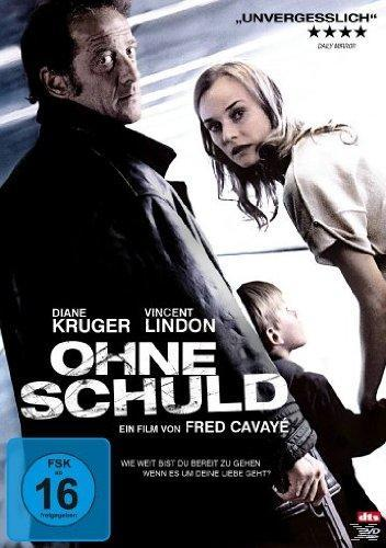 DVD-Cover des Films 'Ohne Schuld'. Zeigt drei Personen. Text enthält Schauspieler und Bewertung.