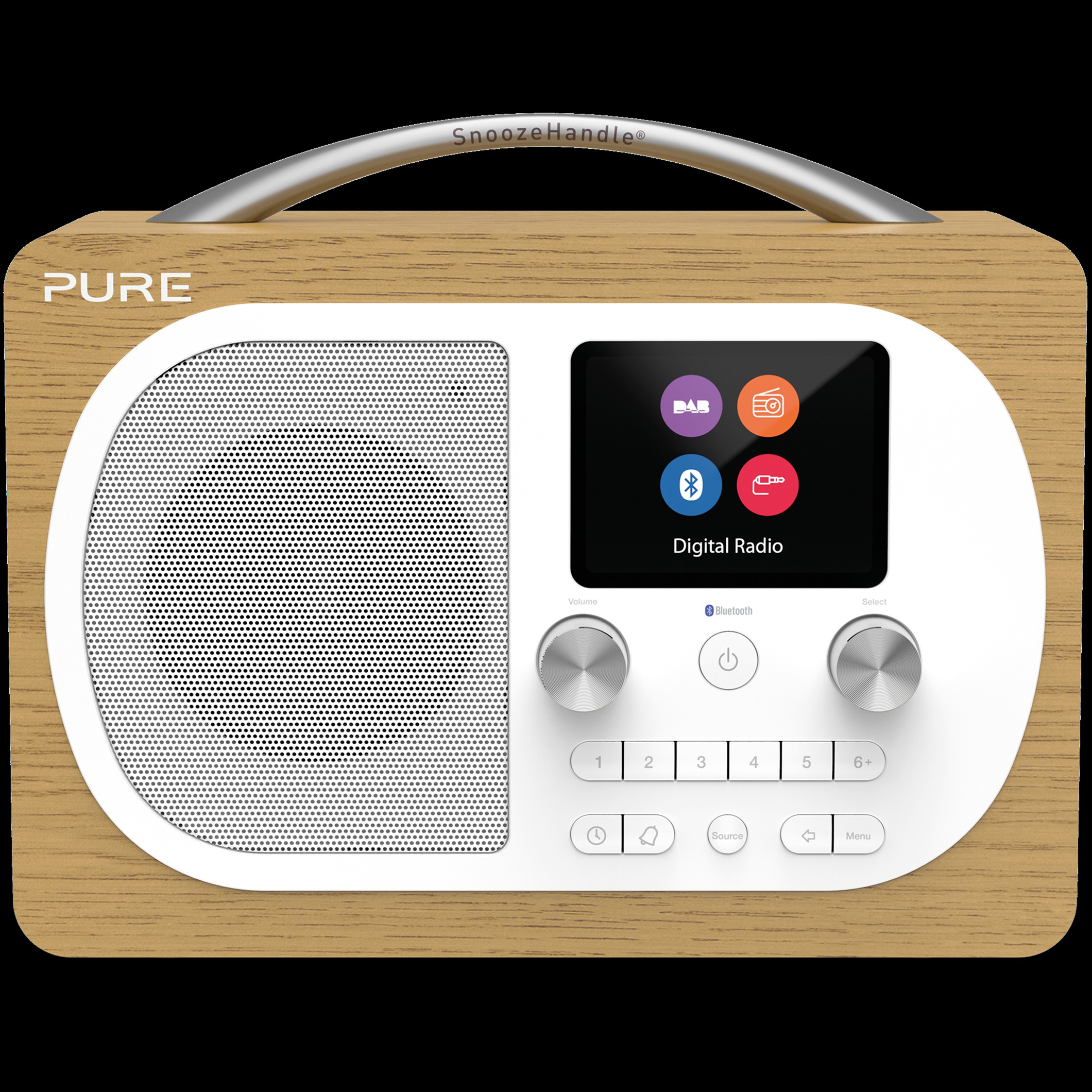 Una radio digitale Pure con effetto legno. Ha uno schermo, pulsanti e una maniglia.