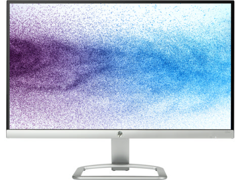 Beyaz çerçeveli gümüş HP monitör. Ekran, mor ve mavi noktaların gradyanını gösteriyor.