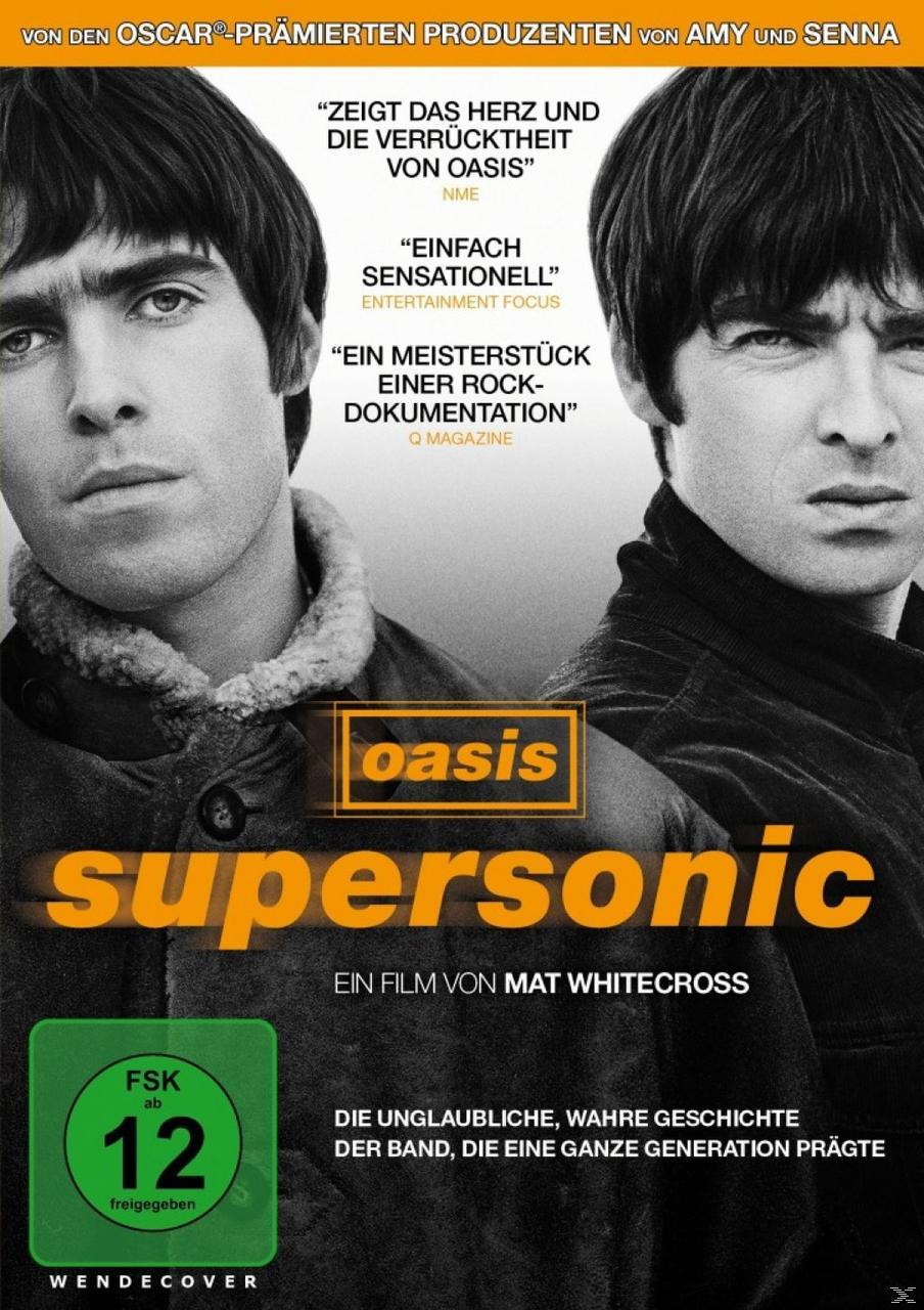 DVD-Cover mit zwei Männern, der Band Oasis, dem Titel 'Supersonic' und einer Filmbewertung.