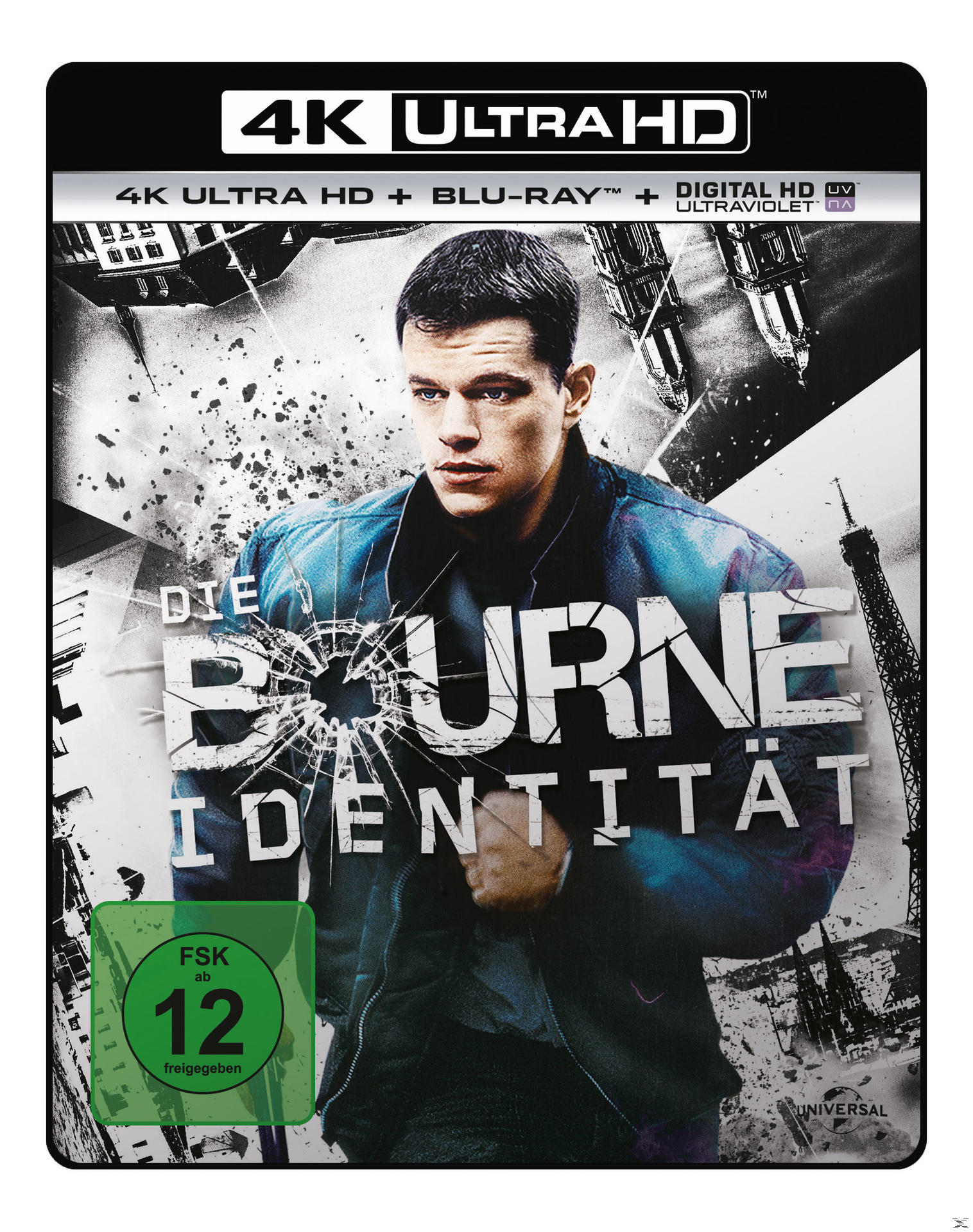 DVD-Cover von 'Die Bourne Identität'. Mit Matt Damon. Enthält 4K Ultra HD- und Blu-ray-Logos.