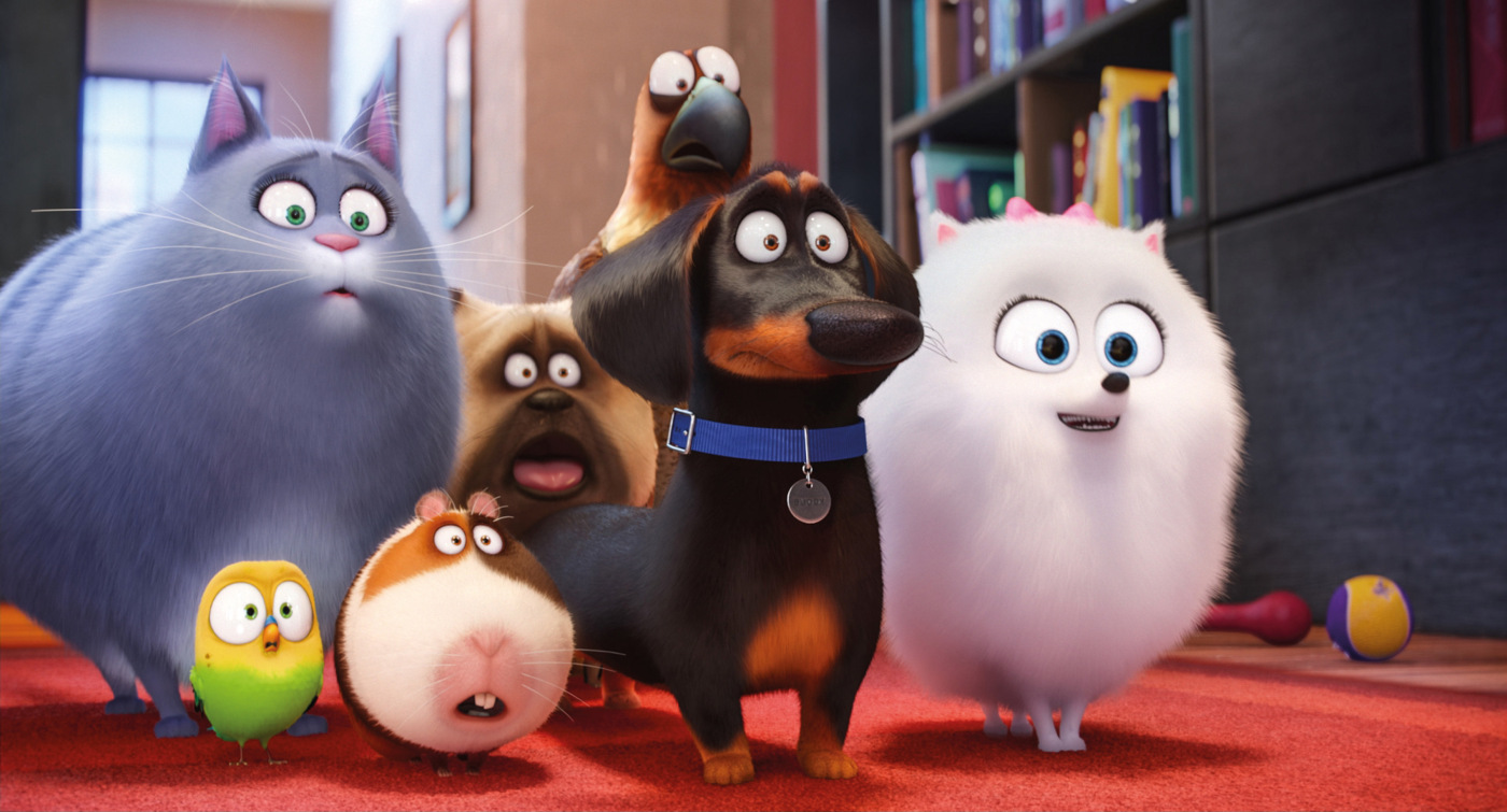 Scène de film d'animation : un groupe d'animaux de compagnie aux expressions variées posent sur un tapis rouge.