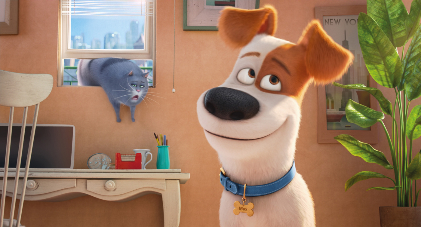 Scène animée d'un chien souriant à la caméra. Un chat regarde le chien.