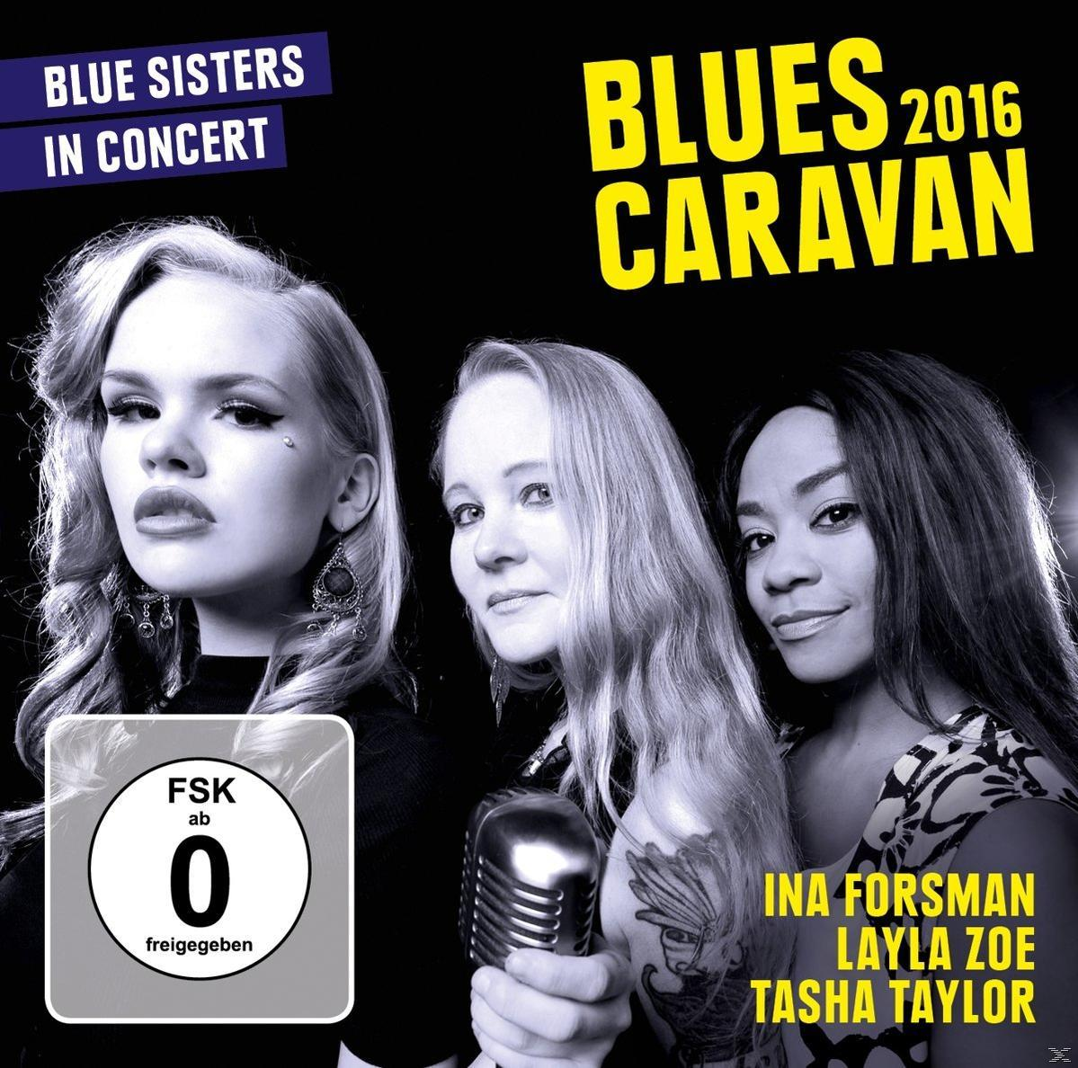 Albumcover mit drei Frauen, einem Mikrofon und dem Text 'Blues Caravan' und '2016'.