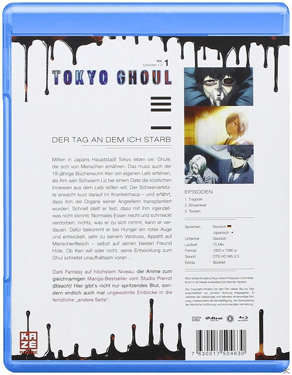 Die Rückseite einer DVD für Tokyo Ghoul Vol. 1, mit Text, Bildern und einem blauen Farbschema.