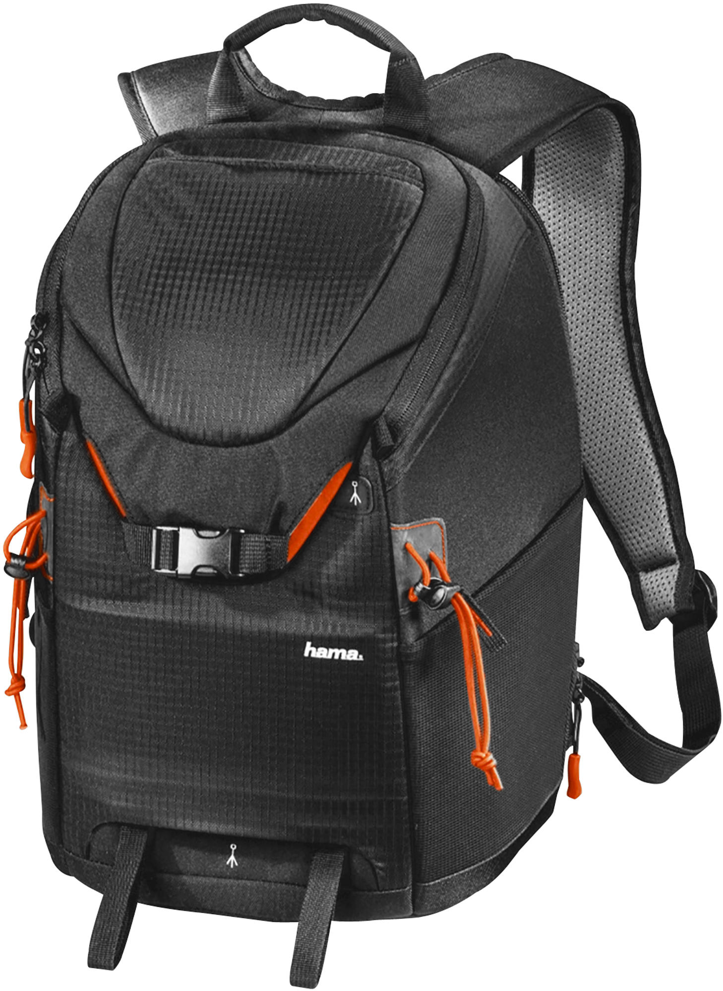 Sac à dos pour appareil photo noir avec des accents orange. Comprend plusieurs compartiments et sangles. Logo de la marque Hama.