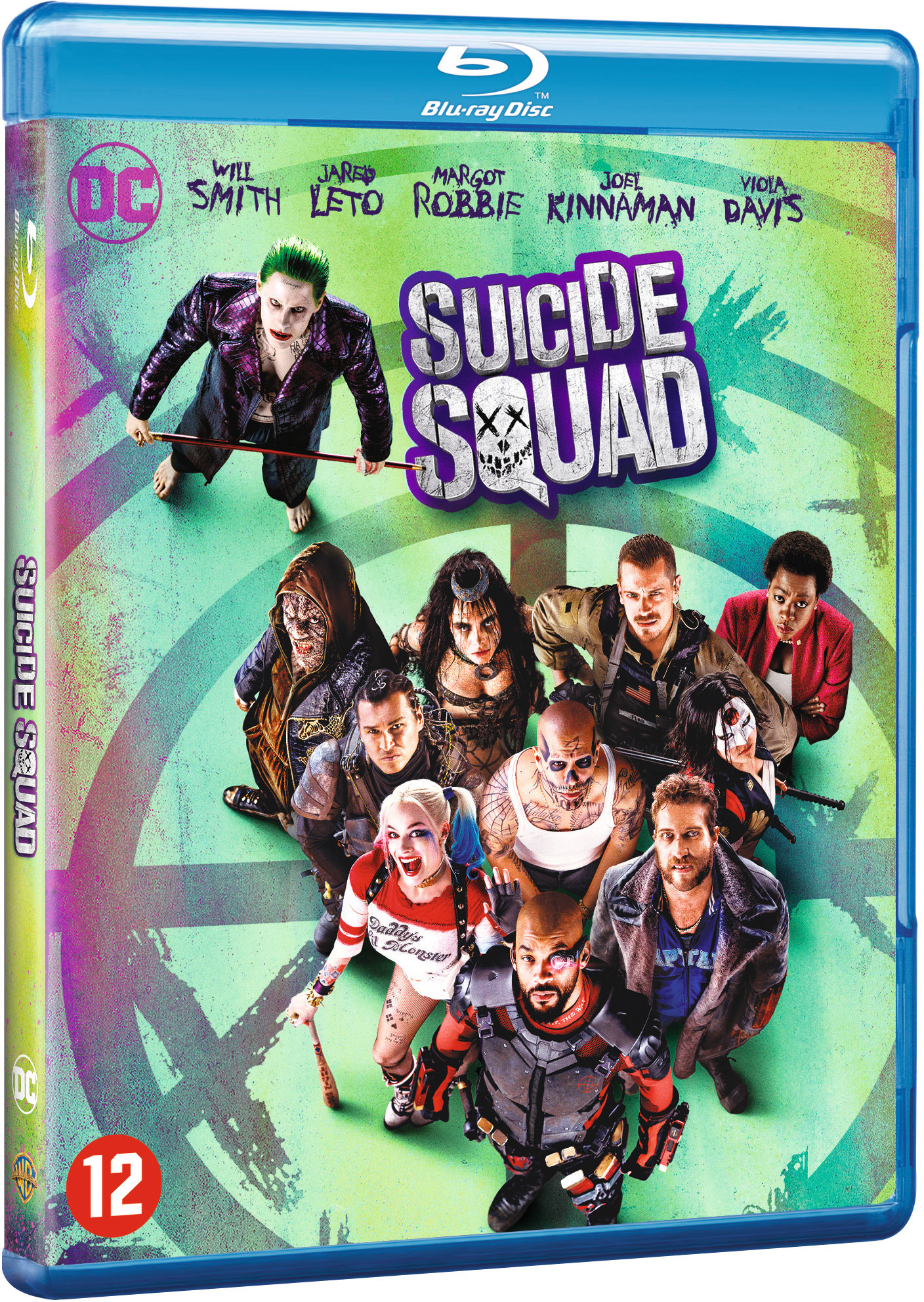 Blu-ray-hoes voor de film "Suicide Squad". Bevat afbeeldingen van de cast en titeltekst.