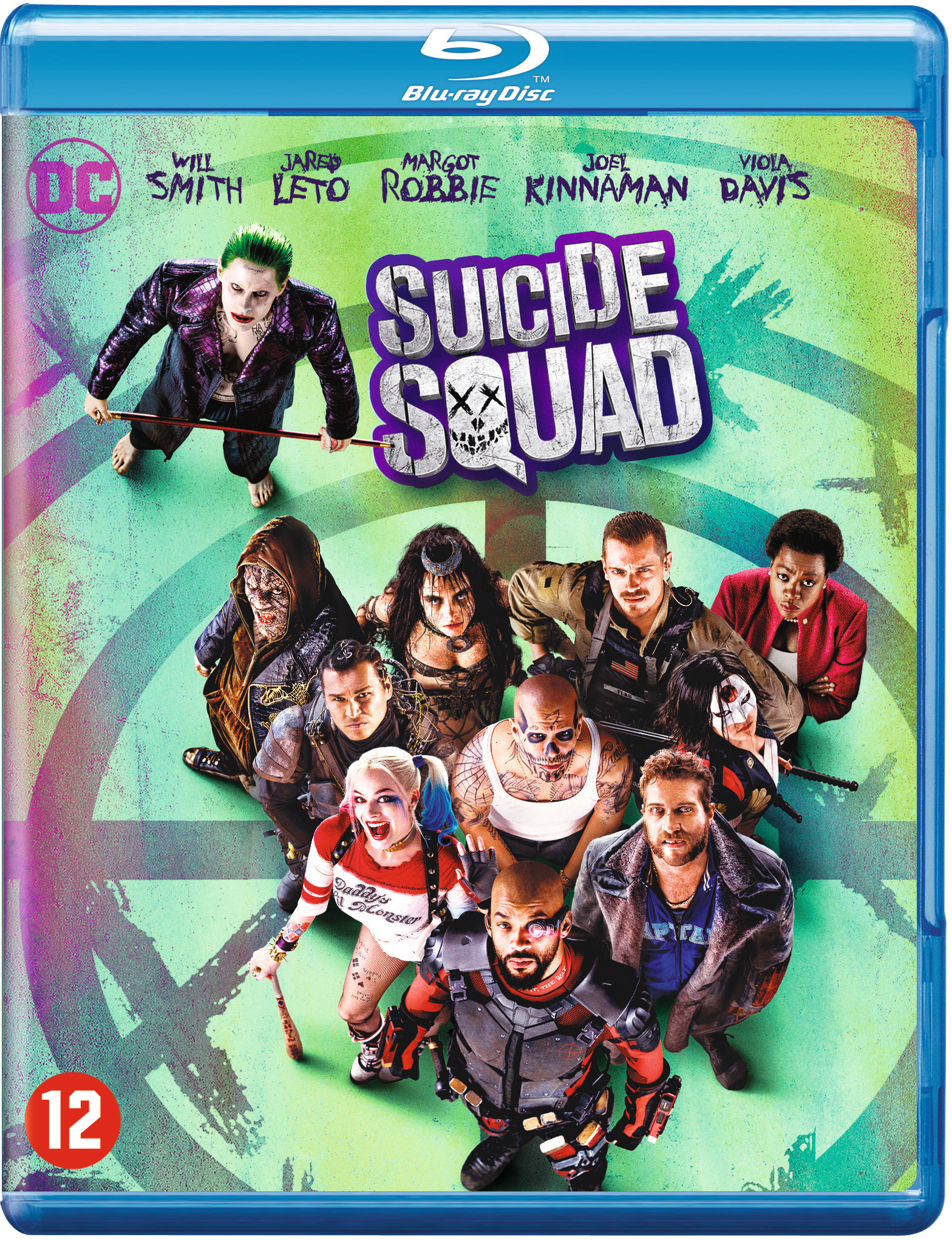 DVD-hoes voor 'Suicide Squad'. Groep personages, een Joker en het titellogo.