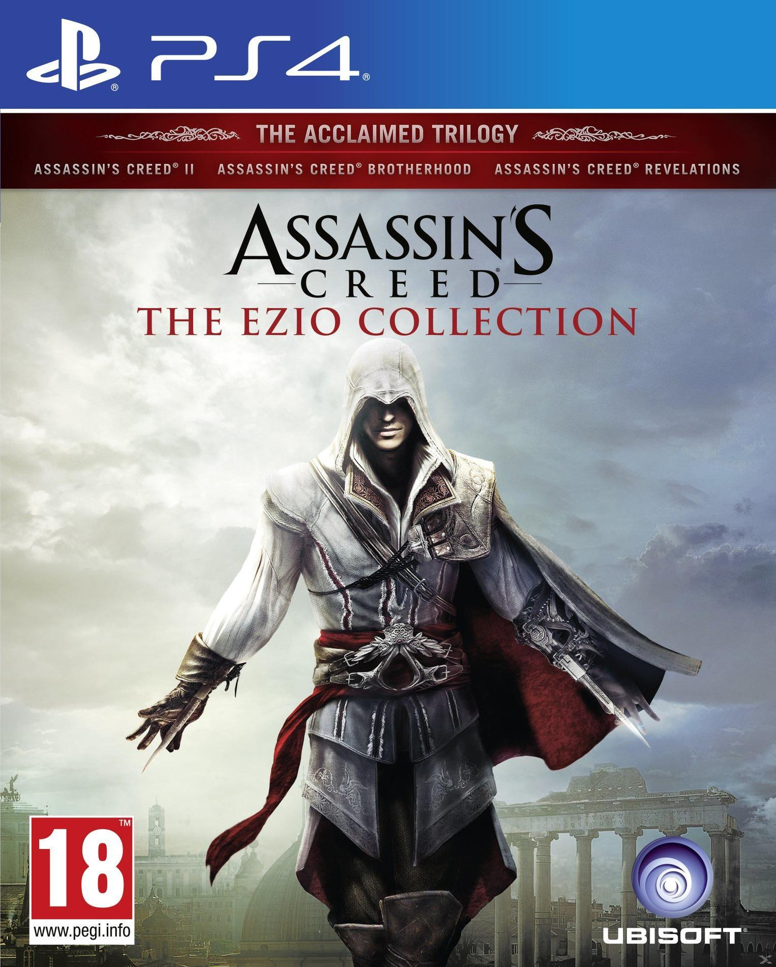 Jaquette du jeu PS4 : Assassin's Creed : The Ezio Collection. Un homme à capuche se tient les bras ouverts.