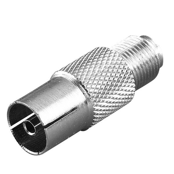 Ein silberner Koaxialstecker mit Gewinde, vor weißem Hintergrund.