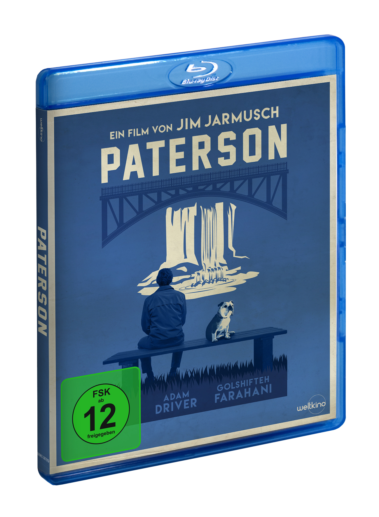 Filmcover. Ein Mann und ein Hund sitzen auf einer Bank, im Hintergrund eine Brücke und ein Wasserfall.