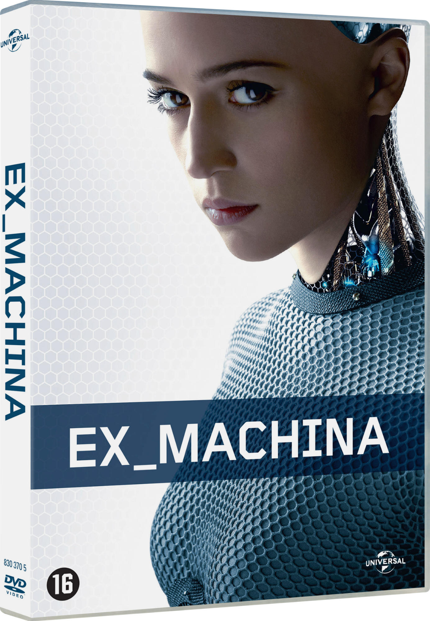 DVD-hoes van 'Ex Machina' met het gezicht van een vrouw en de filmtitel.