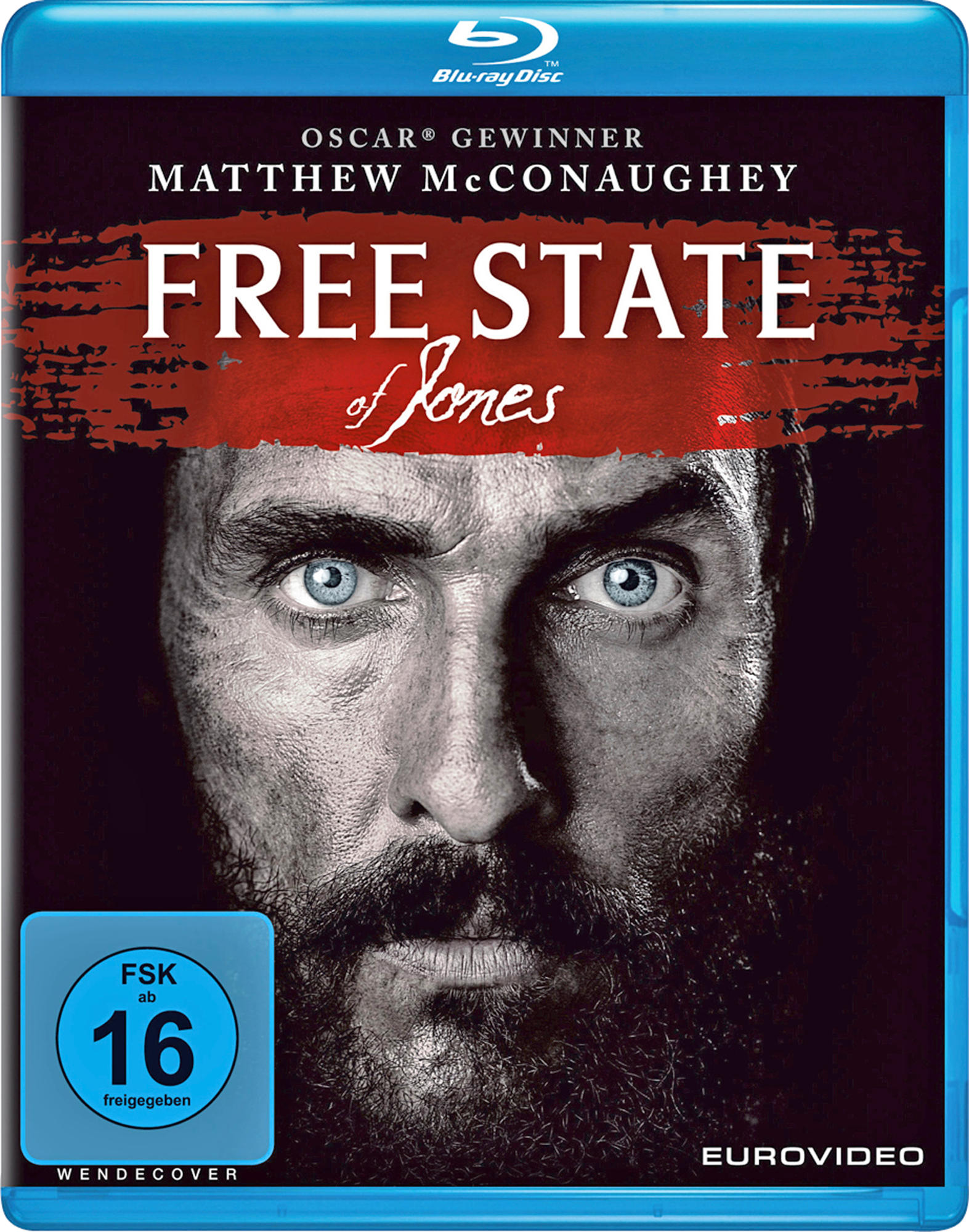 Filmcover: 'Free State of Jones', Matthew McConaughey, intensives Gesicht, blaue Augen, dunkler Hintergrund.