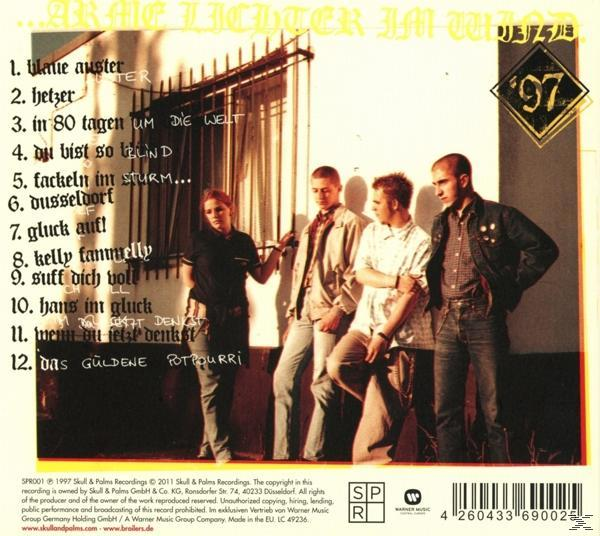 CD-Rückseite mit Titelliste und Bandmitgliedern. Der Hintergrund hat eine braune und orangefarbene Textur. Die Band ist mittig.
