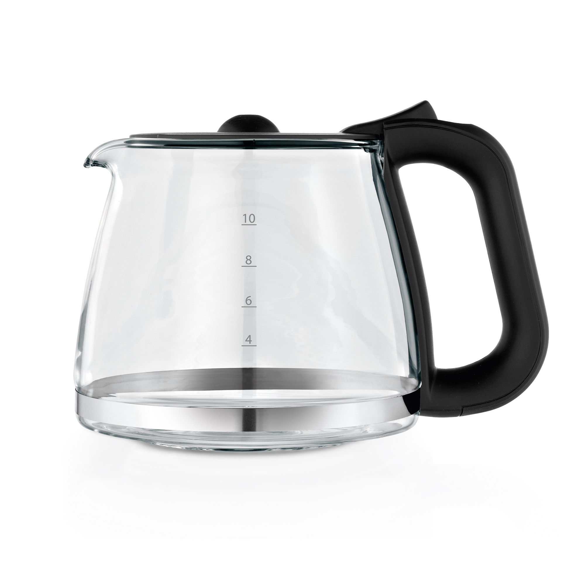 Eine transparente Glas-Kaffeekanne mit schwarzem Griff. Sichtbare Markierungen zeigen die Kapazität an.