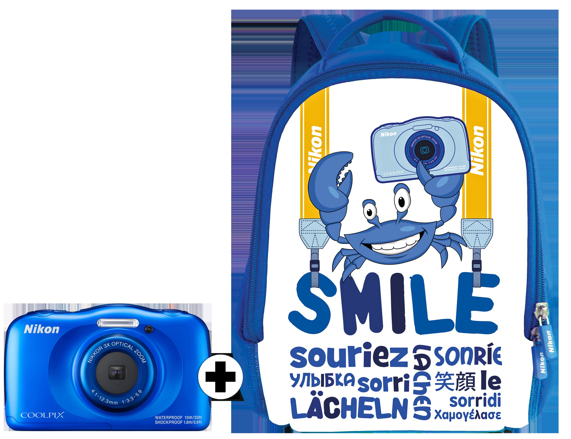 NIKON Coolpix W 100 + Rucksack Digitalkamera Blau, 3x opt. Zoom, TFT