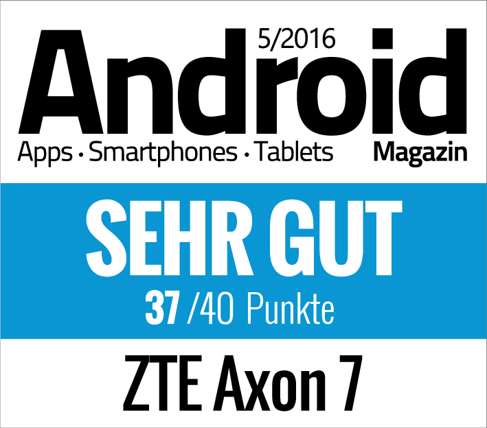 Android-Magazin-Cover mit 'SEHR GUT', '37/40 Punkte' und 'ZTE Axon 7'.