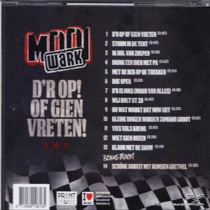CD-hoes met zwart-wit geblokte vlag. Tekst luidt: D'r Op! Of Gien Vreten! met een lijst met titels.