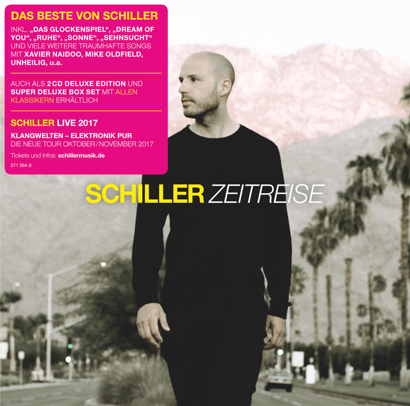 Mann geht auf der Straße, Text: SCHILLER ZEITREISE. Rosa Textfeld.