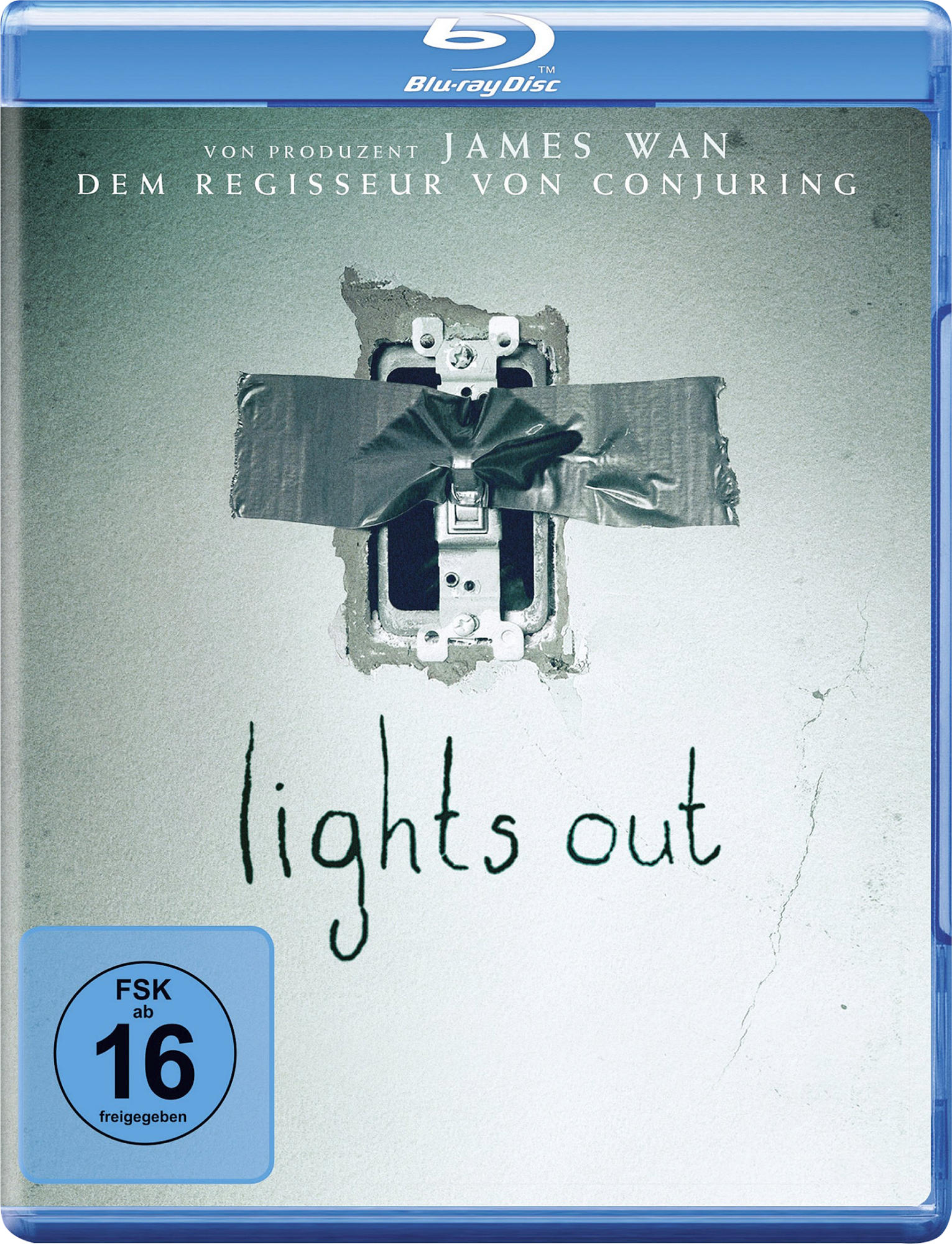 Blu-ray-Cover mit einem mit Klebeband abgedeckten Lichtschalter mit dem Titel "lights out".