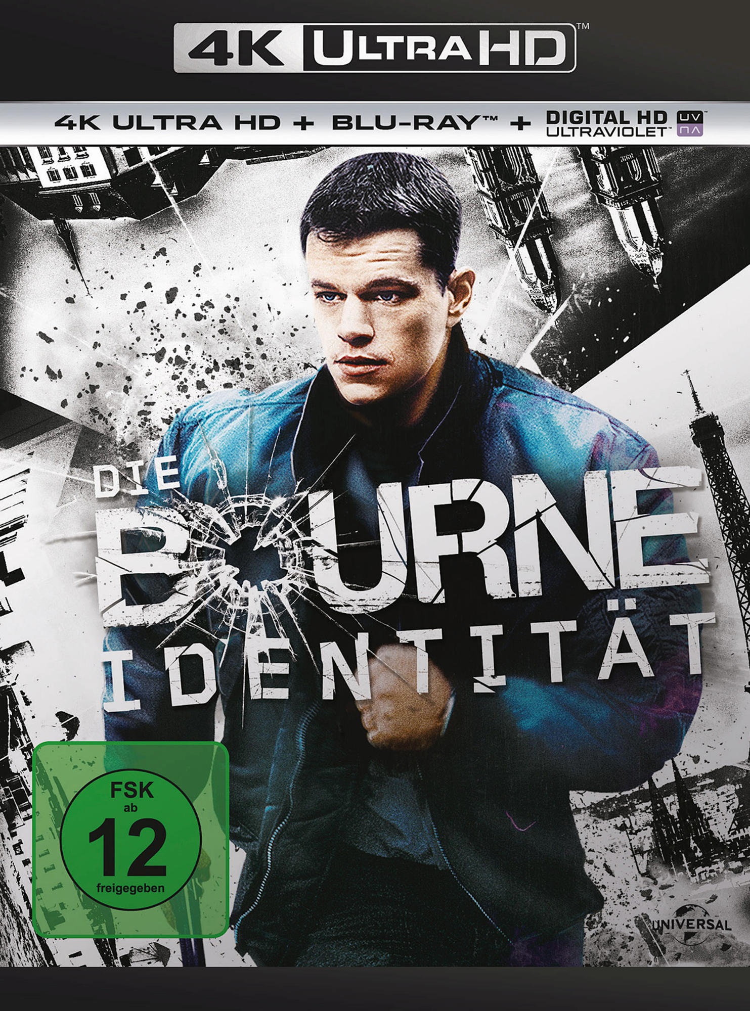 Filmcover von „Die Bourne Identität“ mit Matt Damon. Enthält 4K Ultra HD, Blu-ray und eine Altersempfehlung.