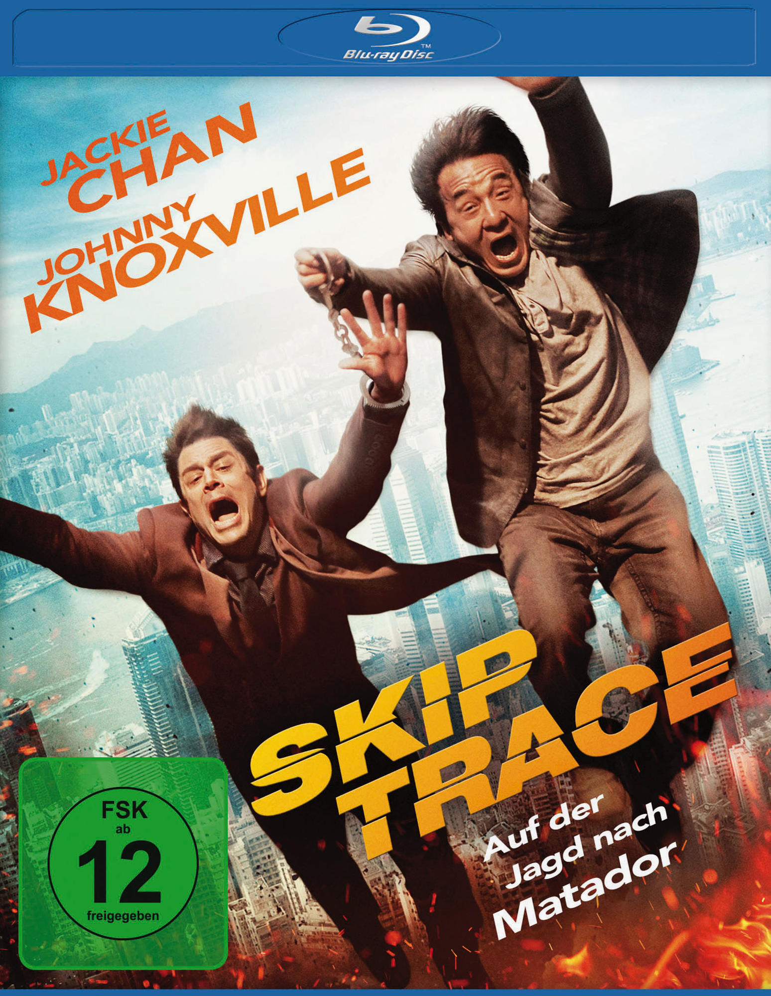 DVD-Cover des Films Skip Trace. Mit Jackie Chan und Johnny Knoxville. Actionfilm.