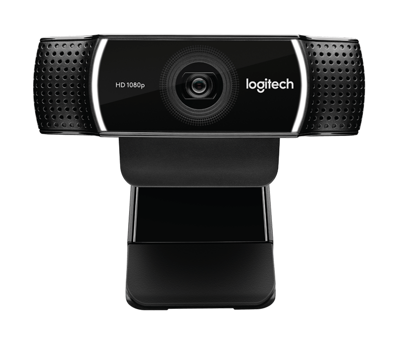 Siyah Logitech web kamerası. Merkezi merceğe sahip dikdörtgen şekil. HD 1080p etiketi ve ses için çoklu delikler içerir.