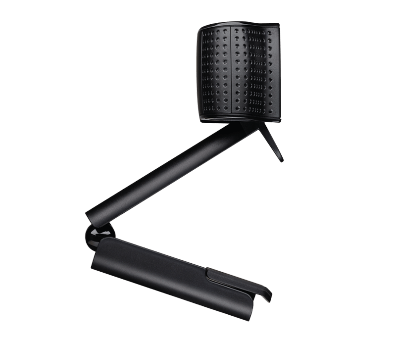 Karanlık bir arka plana sahip siyah web kamerası. Ayarlanabilir bir kolu ve ön kapağı var.