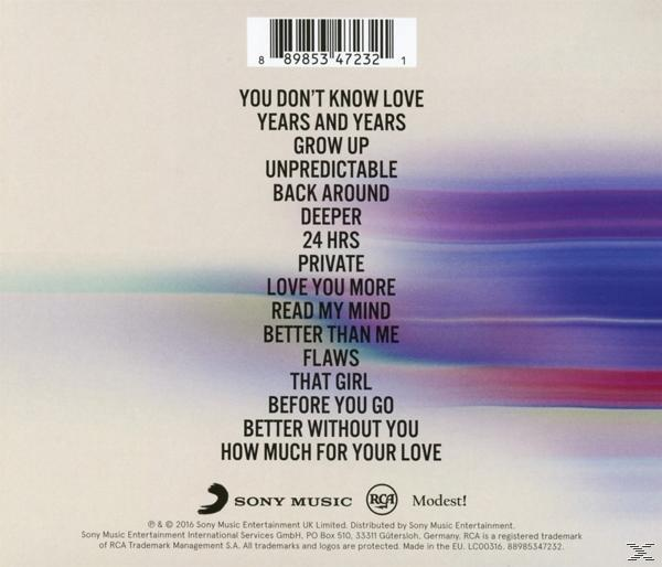 Achterkant van een cd-hoesje met songtitels, artiestennaam en logo's op een paarse en beige achtergrond.