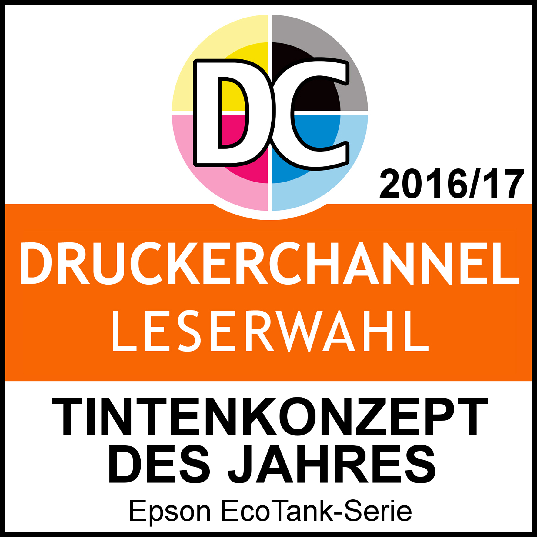 Logo mit DC, 2016/17, Druckerchannel Leserwahl, Tintenkonzept des Jahres, und Epson EcoTank-Serie.