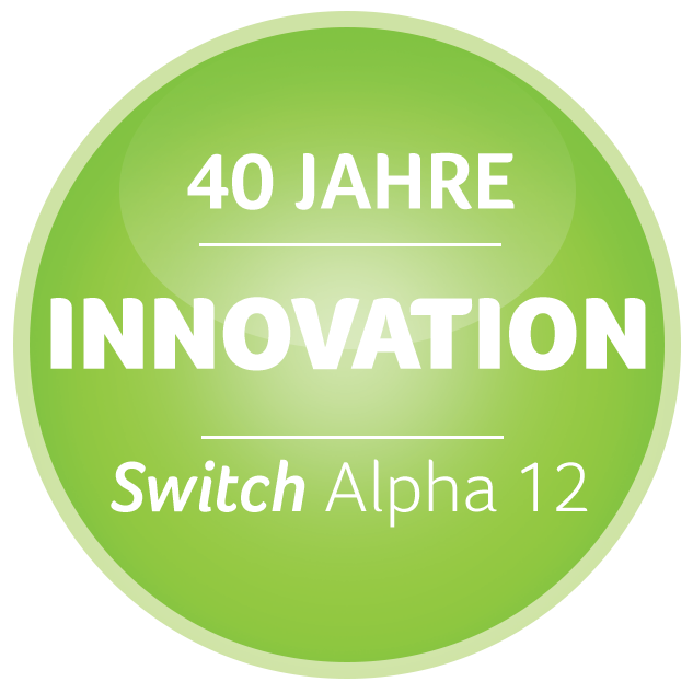 Grüner Kreis mit Text '40 Jahre Innovation' und 'Switch Alpha 12'.