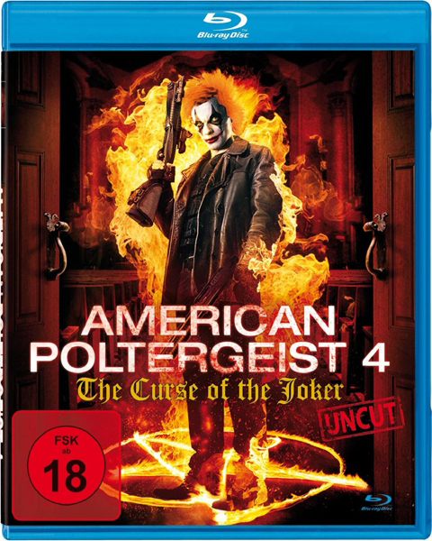 DVD-Cover: Clown mit Waffe, Flammen, Titel 'American Poltergeist 4'. FSK 18-Rating, blaue Disc.