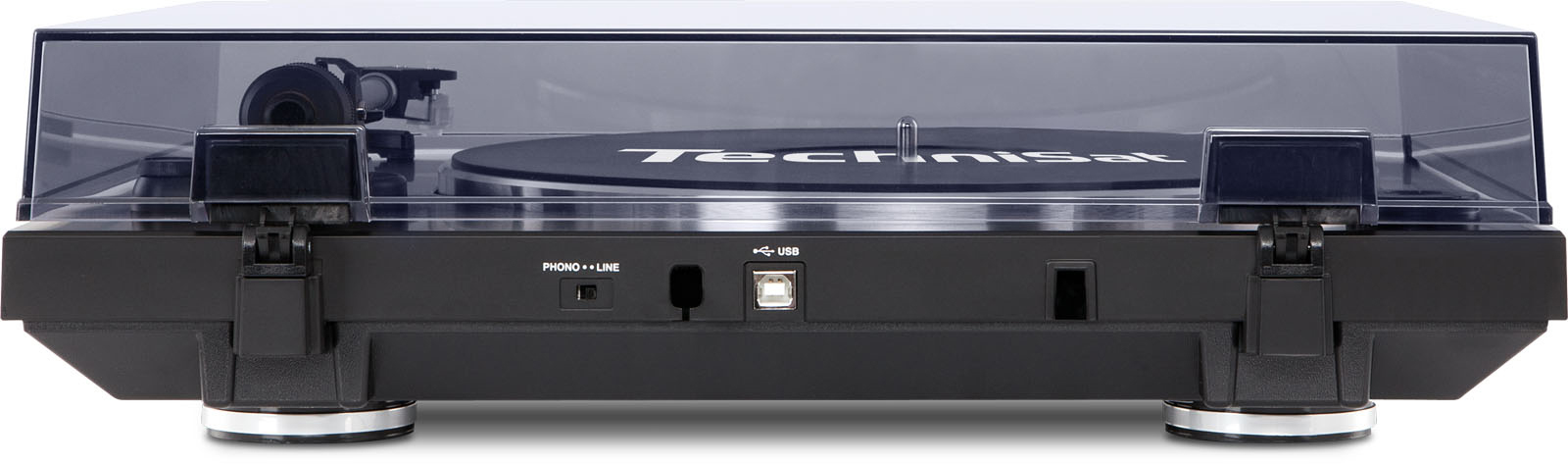 Rückansicht eines schwarzen Technisat-Plattenspielers mit klarer Abdeckung. Es hat USB- und Phono/Line-Anschlüsse.