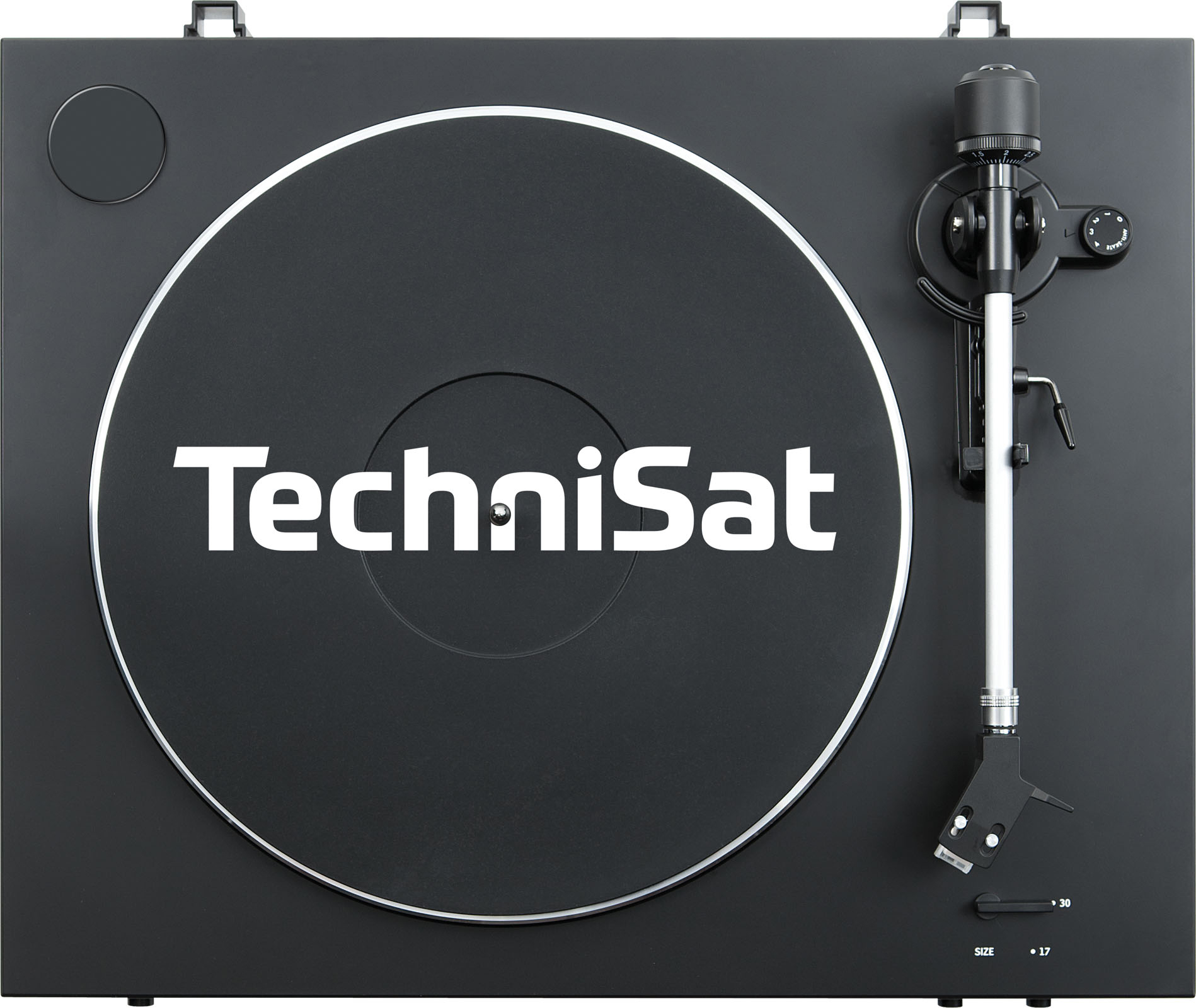 Plattenspieler von oben, schwarz mit weißem TechniSat-Logo. Tonarm, Plattenteller und Bedienelemente sichtbar.