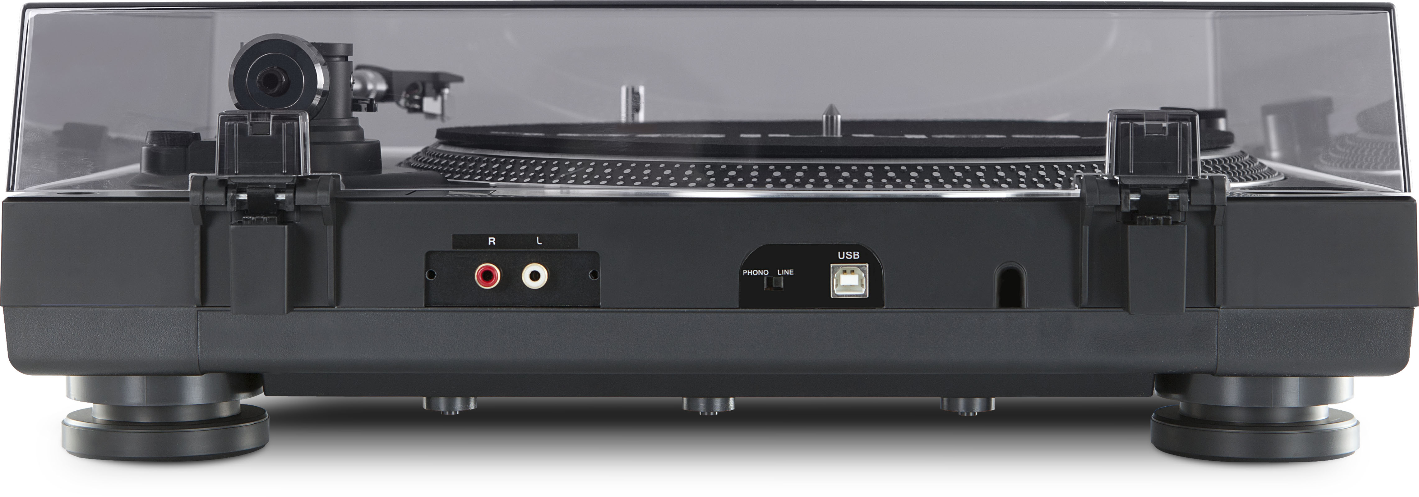 Schwarzer Plattenspieler mit roten und weißen Audioanschlüssen und einem USB-Anschluss auf der Rückseite.