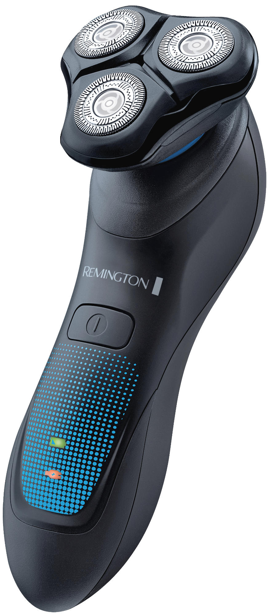 Rasoir électrique noir avec 3 têtes rotatives et un design bleu sur la poignée.
