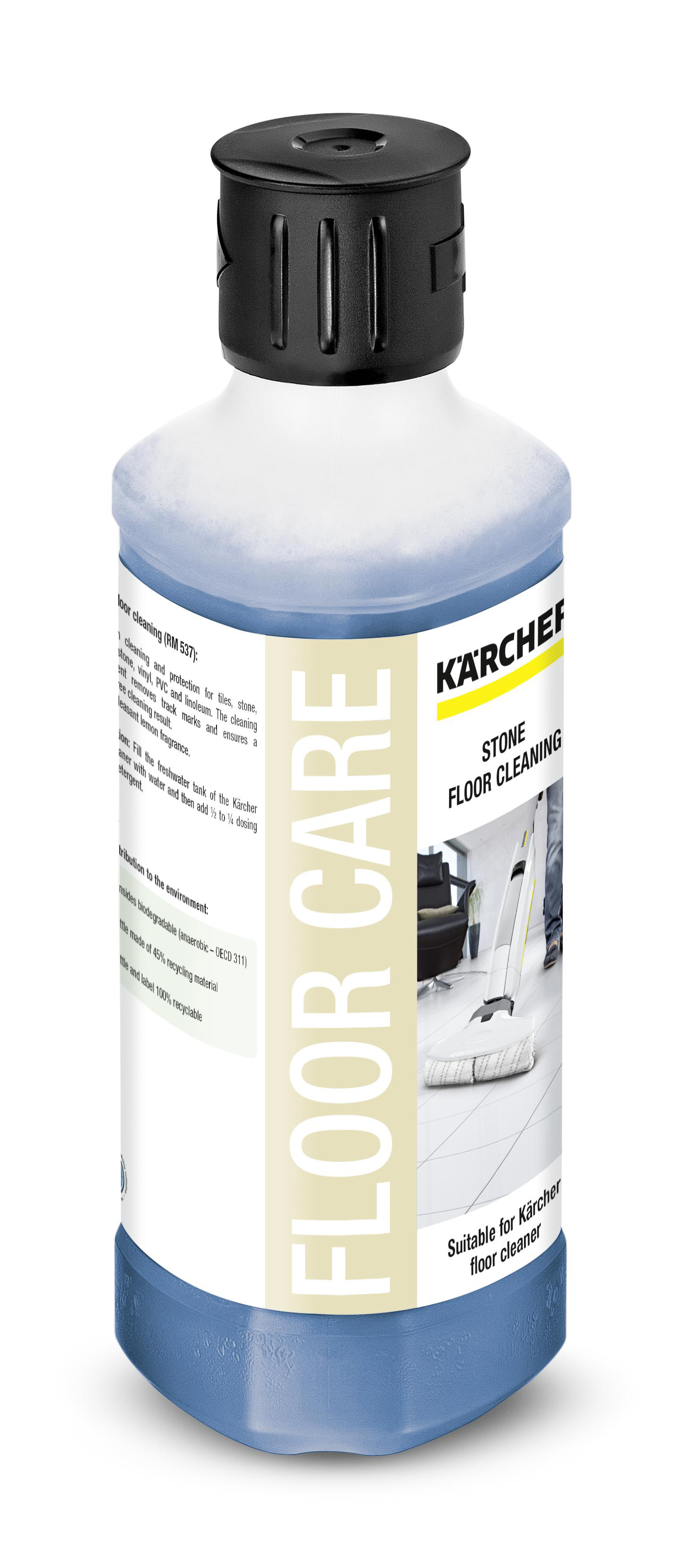 Kärcher Bodenpflege-Reinigungsmittel-Flasche. Blaue Flüssigkeit, weiße Flasche, schwarzer Deckel, Produktdetails.