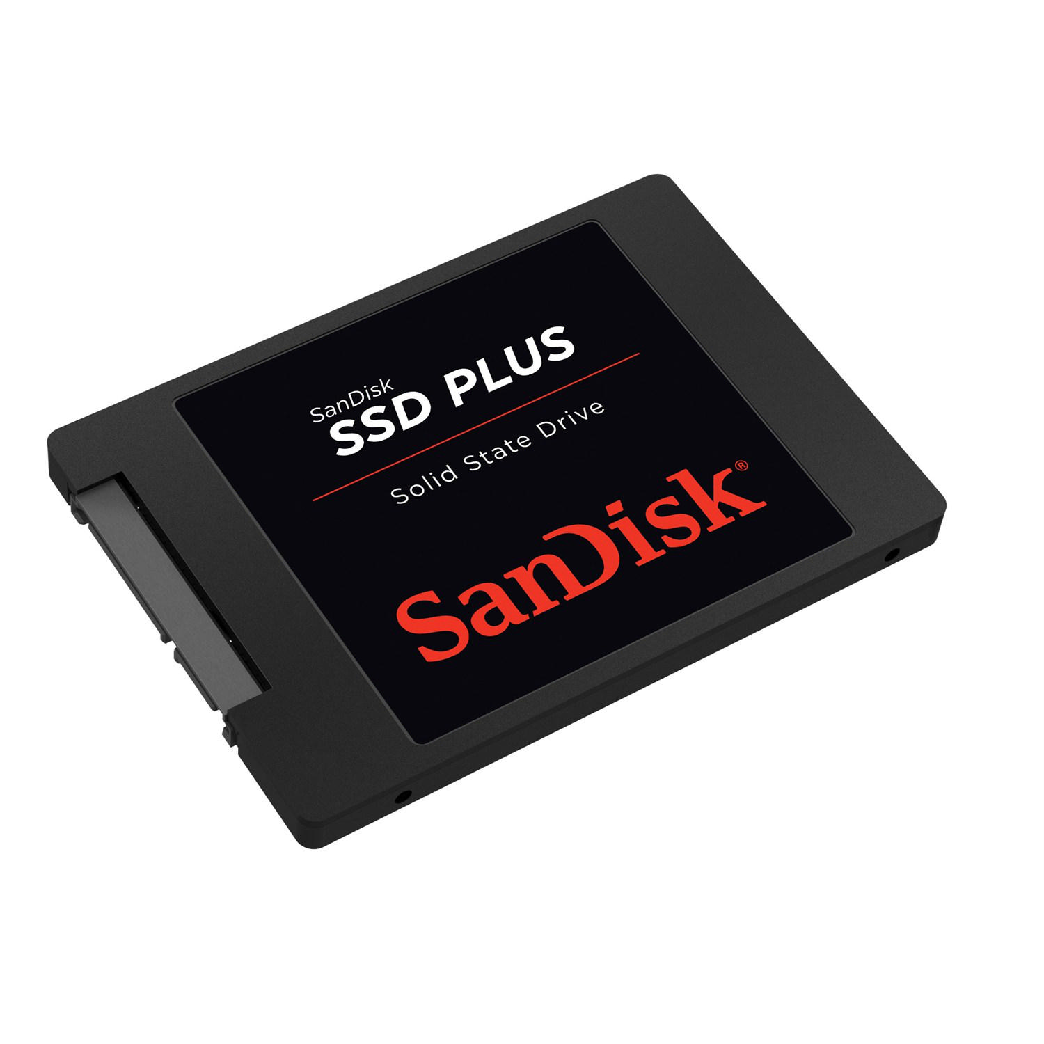 SanDisk logosu ve beyaz metinli siyah bir SanDisk SSD PLUS katı hal sürücüsü.